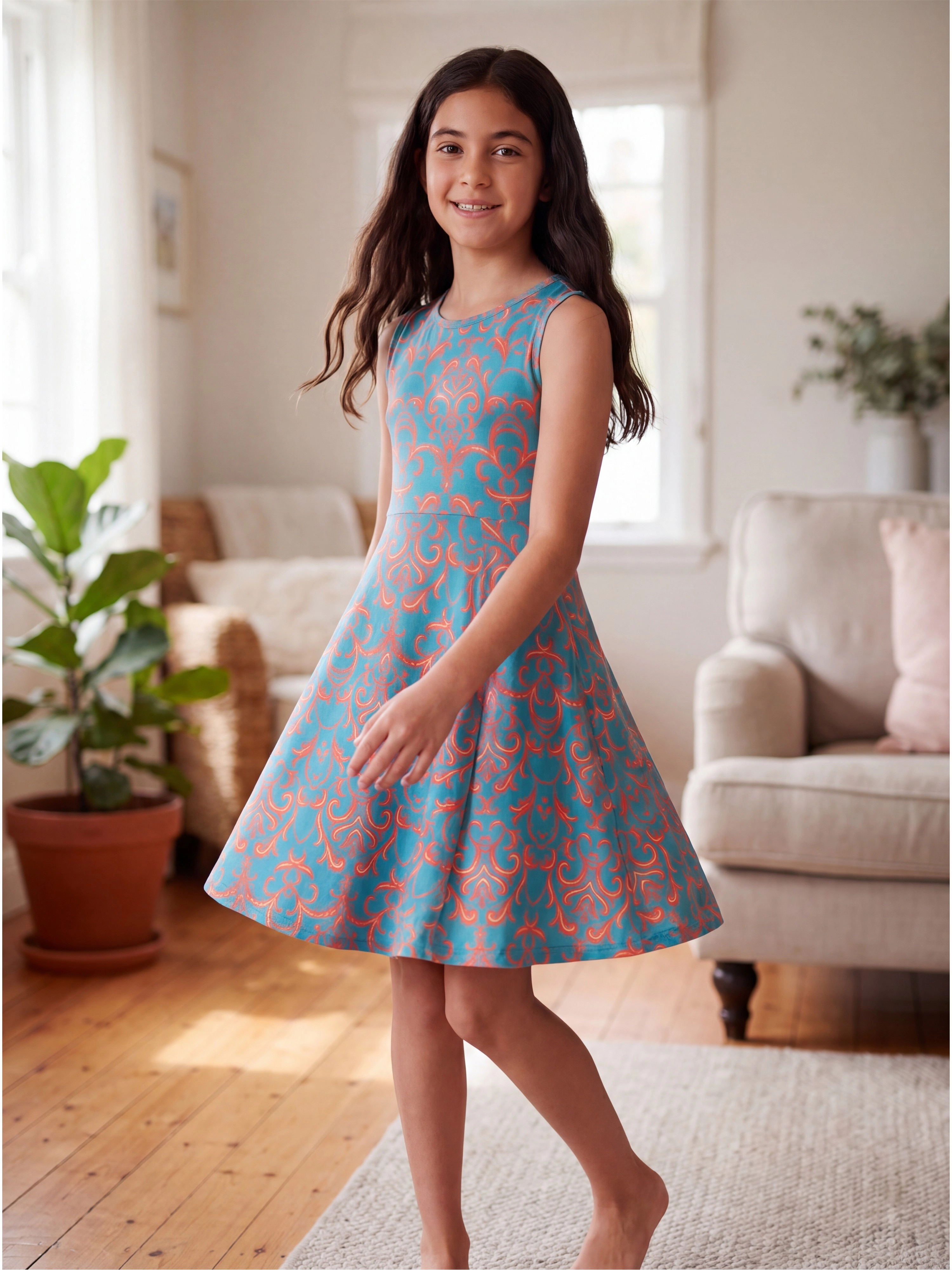 24sevenKid Essential Girls Sky Blue and Orange Print Fit and Flare Dress