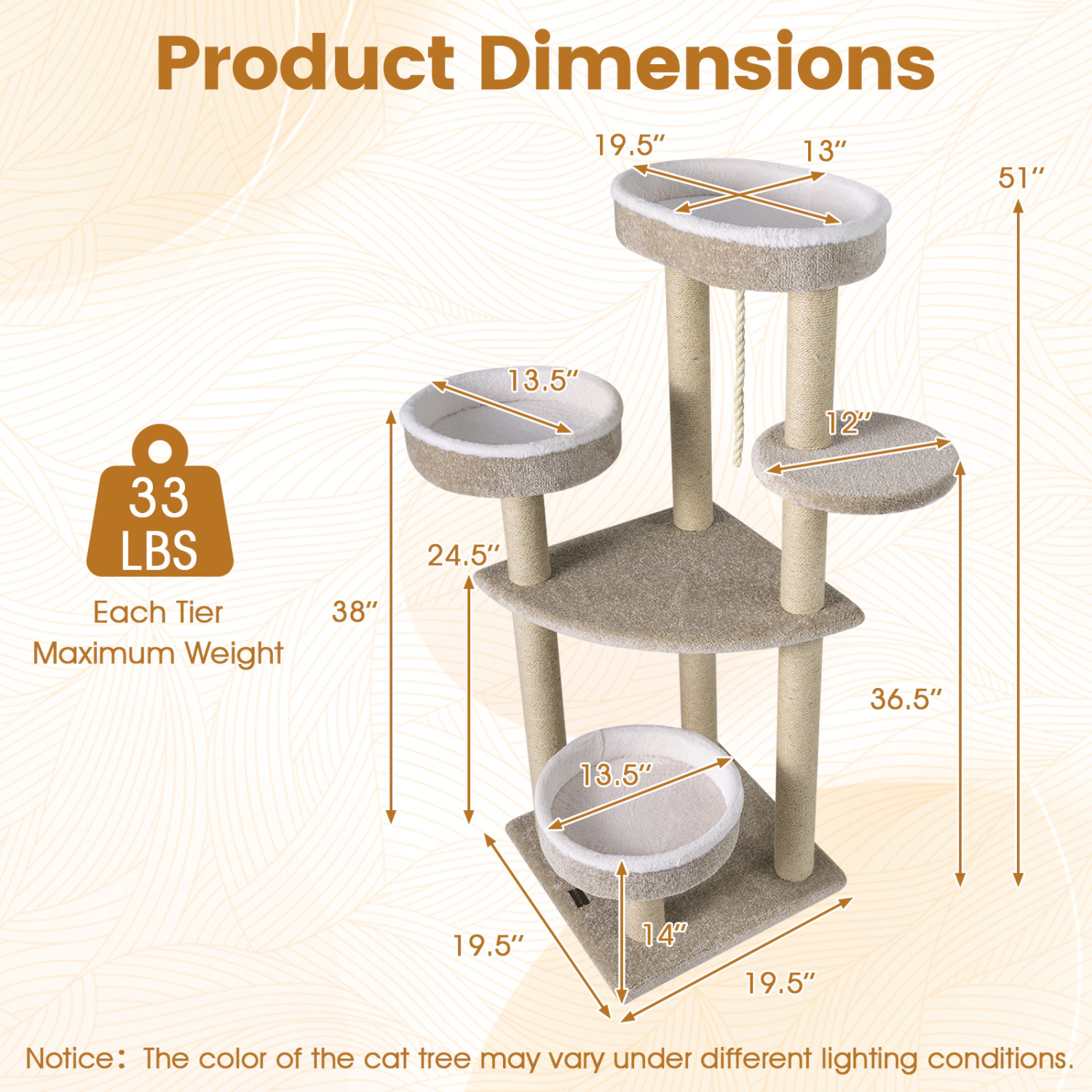 SUGIFT 51-in Carpeted Cat Tree with 19.5-in Oversized Top Perch 2 Round Perches and Jute Rope Posts