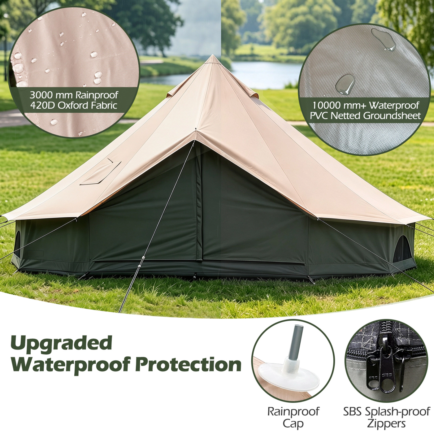 LJG Waterproof Bell Tent with Stove Jack Accommodates and Mesh Windows Doors in Green