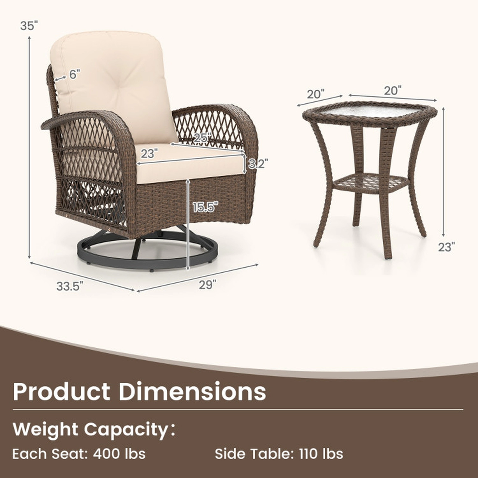 SUGIFT Tempered Glass Side Table and Cushions 3-Piece Patio Swivel Rocker Set