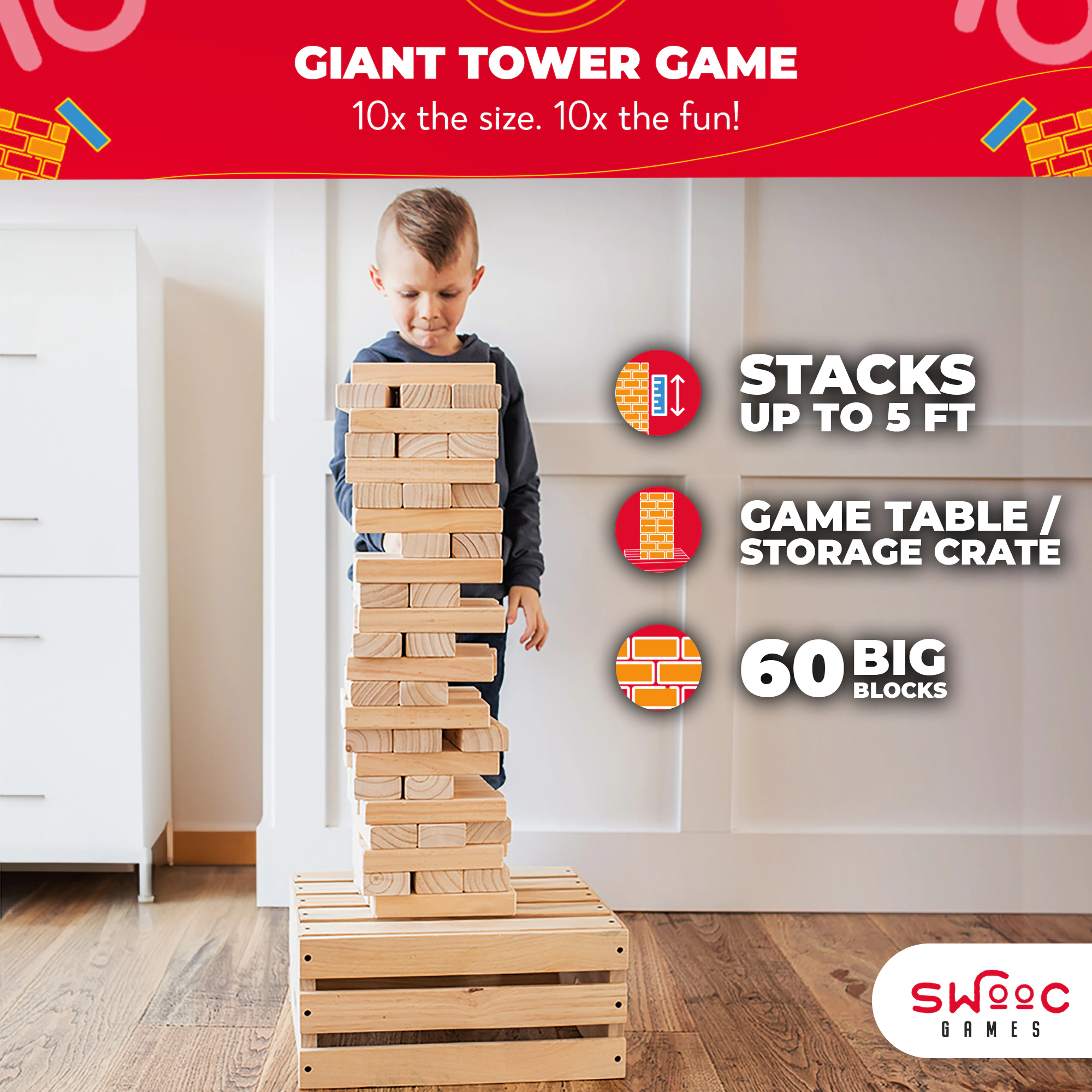 Swooc Games | Premium Giant Tower Game with Storage Crate