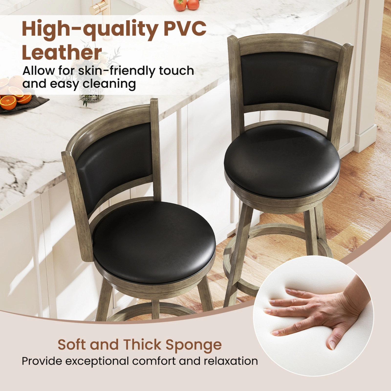 SUGIFT PVC Cushioned Seat and Backrest Set of 2 Gray 29 in Wooden Swivel Bar Stools