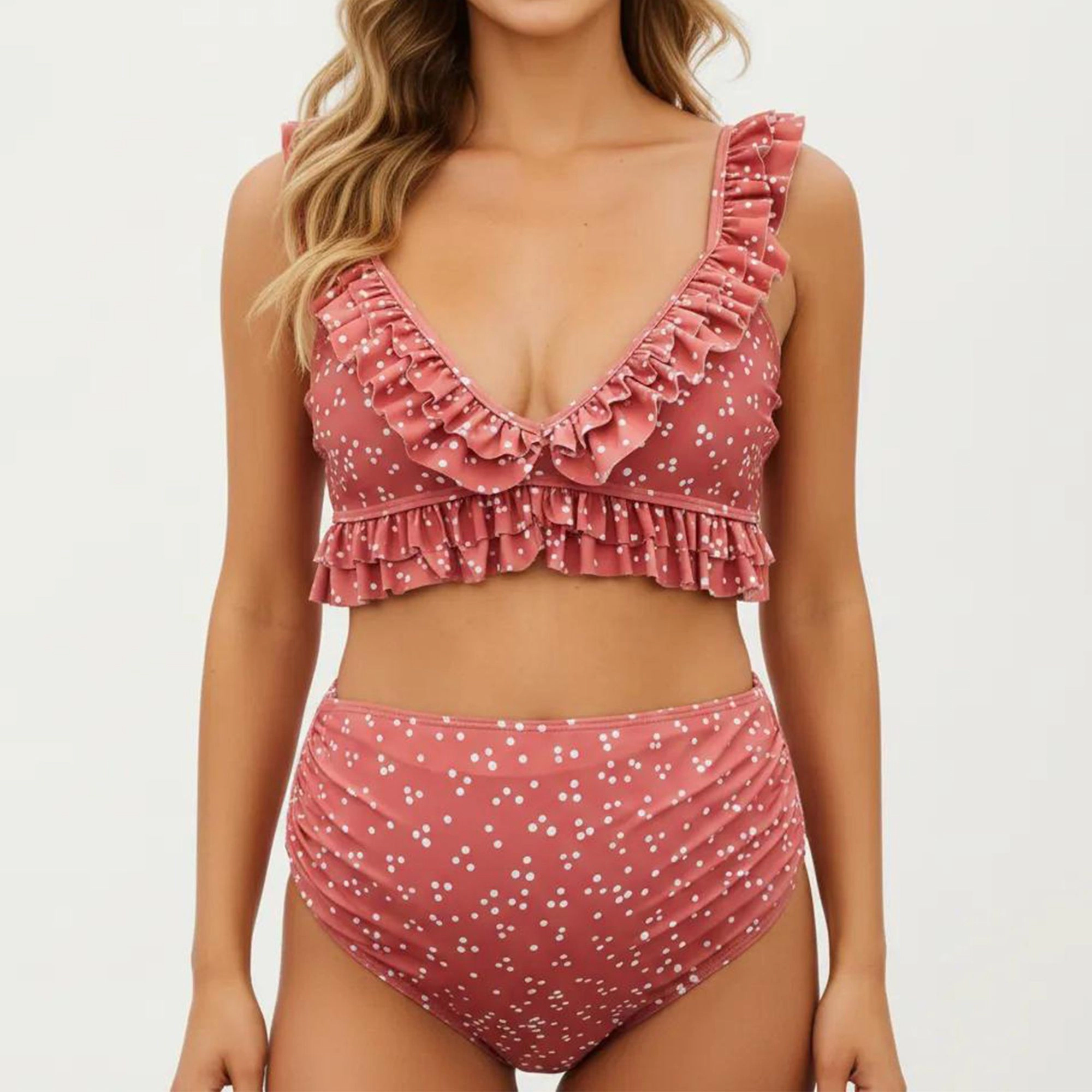 Anna-Kaci Women's Ruffled Maternity Bikini Set with High-Waisted Bottoms and Polka Dot Print