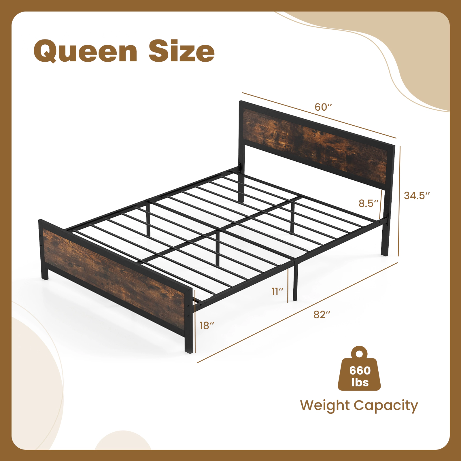 SUGIFT Queen Platform Bed Frame, Rustic Brown Wood-Grain Headboard and Footboard, Metal Slat Support, 660 lb Capacity