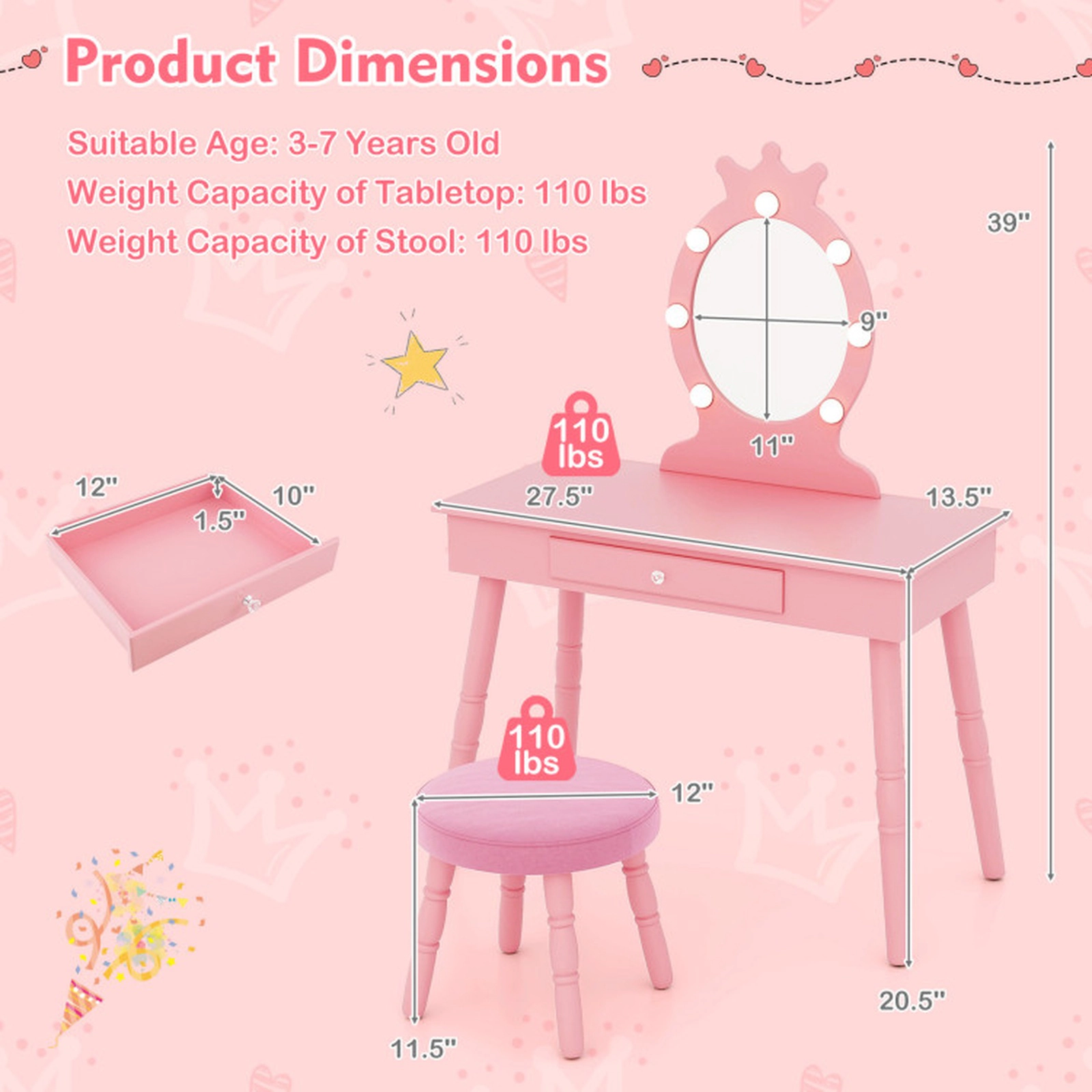 SUGIFT Pink Lighted Mirror Adjustable Brightness Large Drawer and Padded Stool Kids Vanity Set