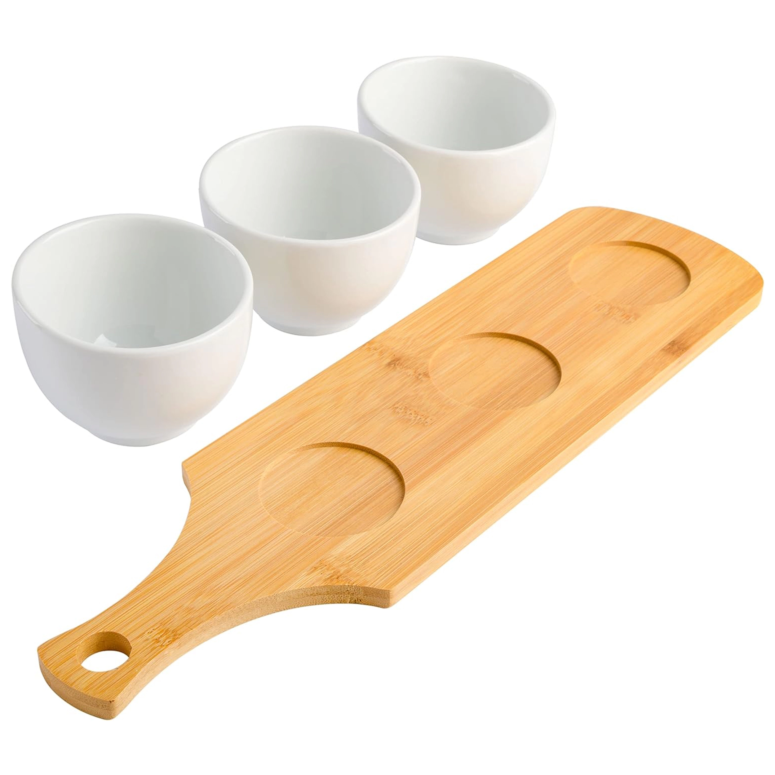 Gibson Gracious Dining 3 Piece White Fine Ceramic Tidbit Bowl Set with Bamboo Serving Tray