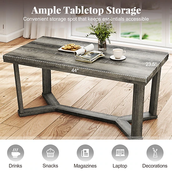 SUGIFT 44-in 250-lb Capacity Gray Rubber Wood Rectangle Coffee Table with Cross-Shaped Base and 3-in Legs