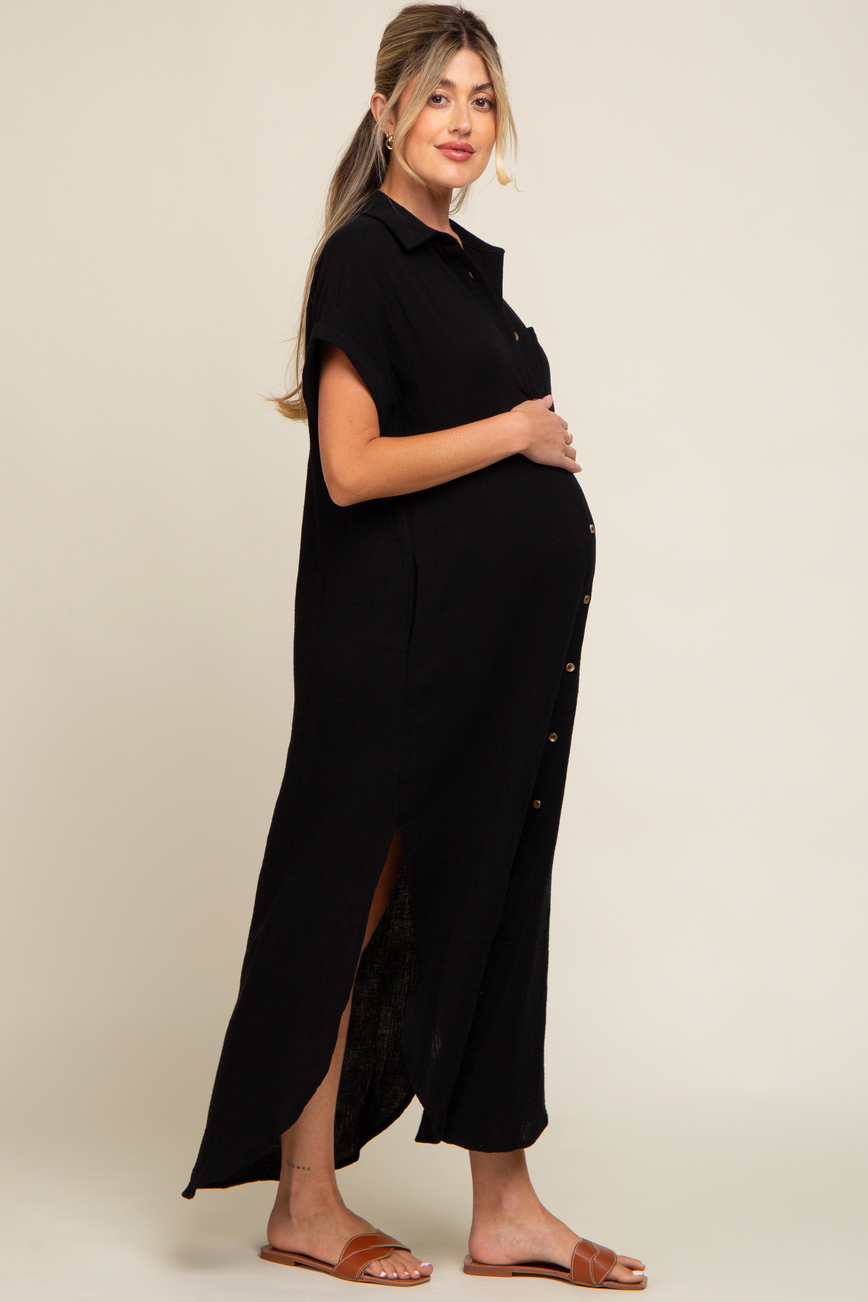 PinkBlush Womens Olive Button Down Maternity Midi Dress