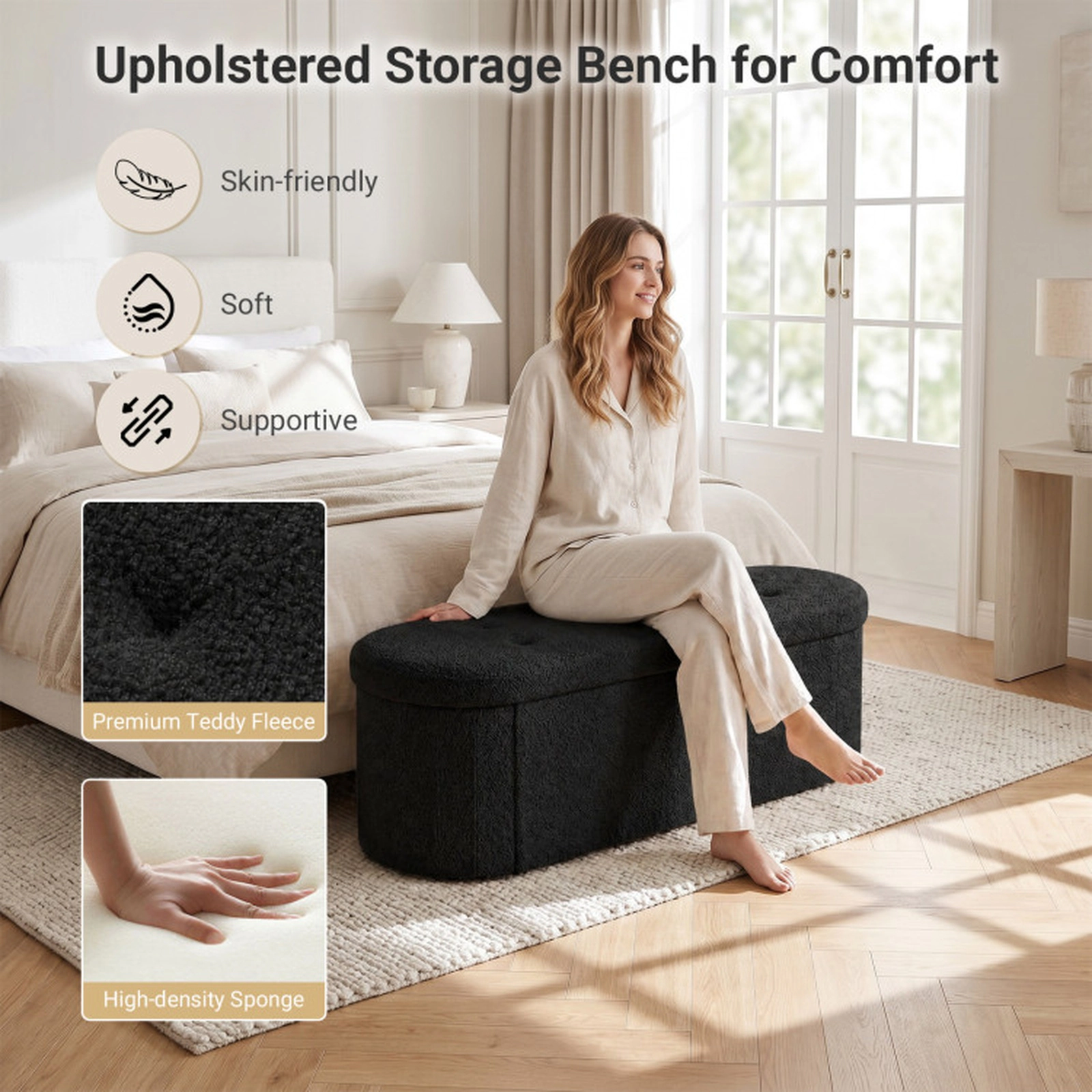 SUGIFT 43-in Teddy Fleece Storage Ottoman Bench with 3 Compartments 330-Lb Capacity Black for Living Room and Bedroom