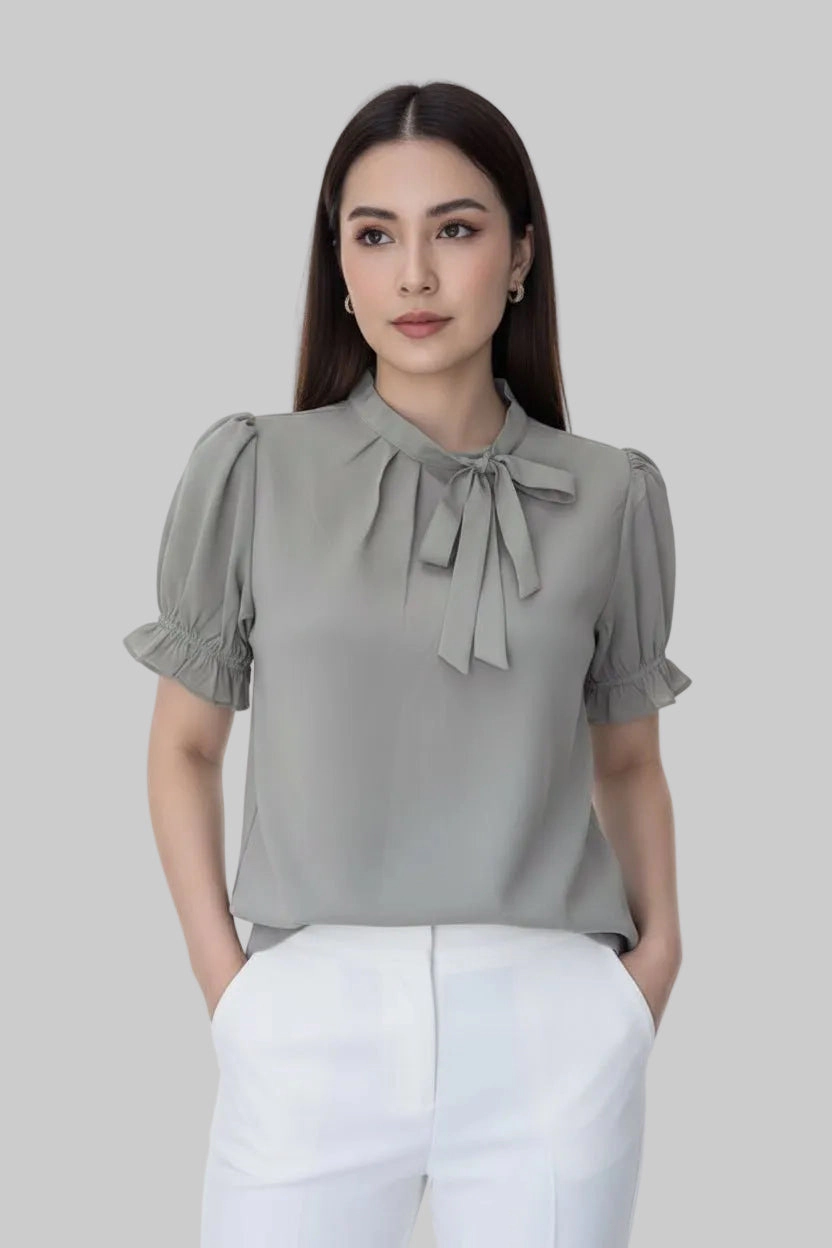 DressAtR Women's Cross Bow Tie Pleated Front Elbow Sleeve Pullover Blouse