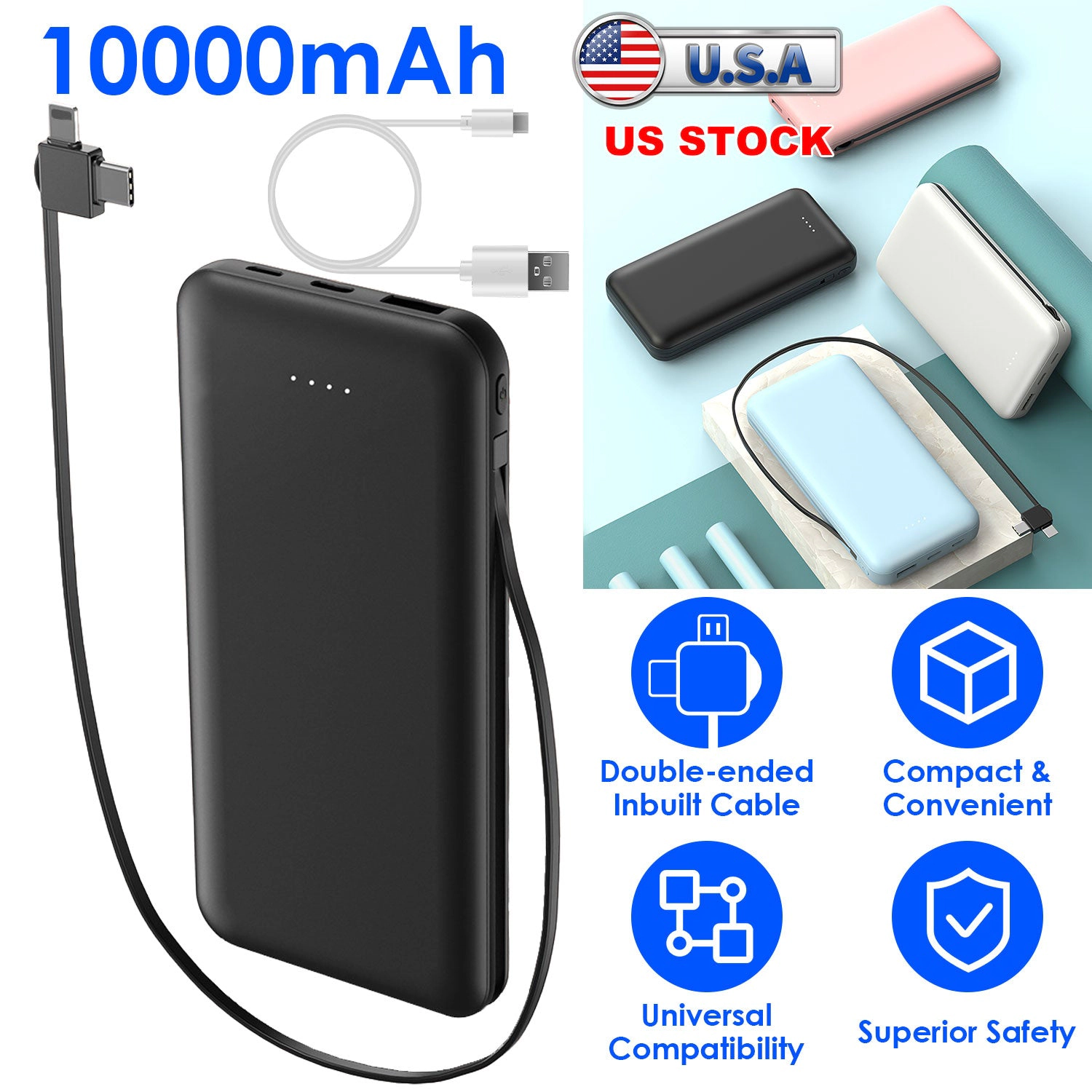 GBruno 10000mAh Dual-Cable Power Bank