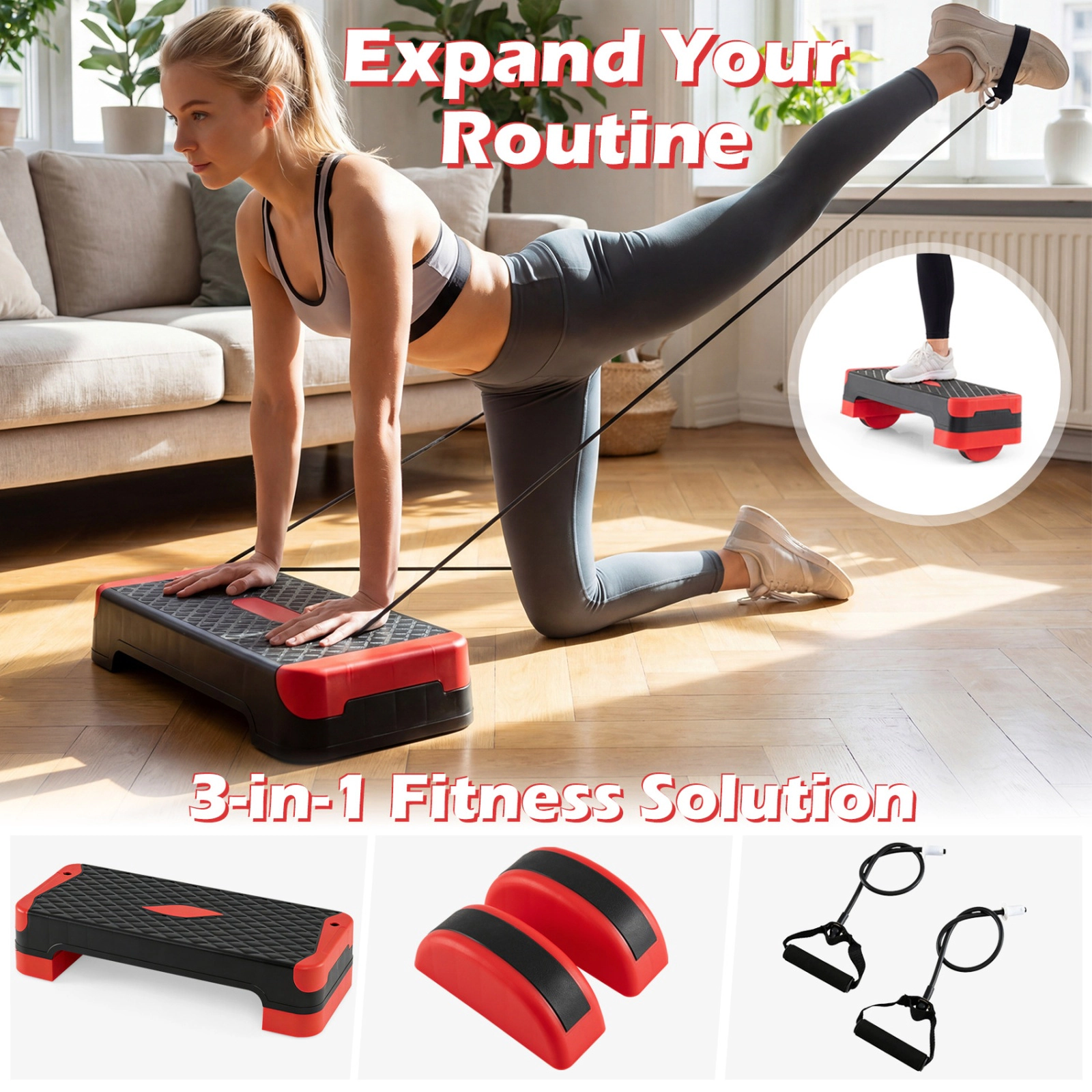 SUGIFT Red Aerobic Step Platform with 2 Risers and 2 Balance Trainers 27-in W 11-in D 4-in H 660-lb Step Capacity