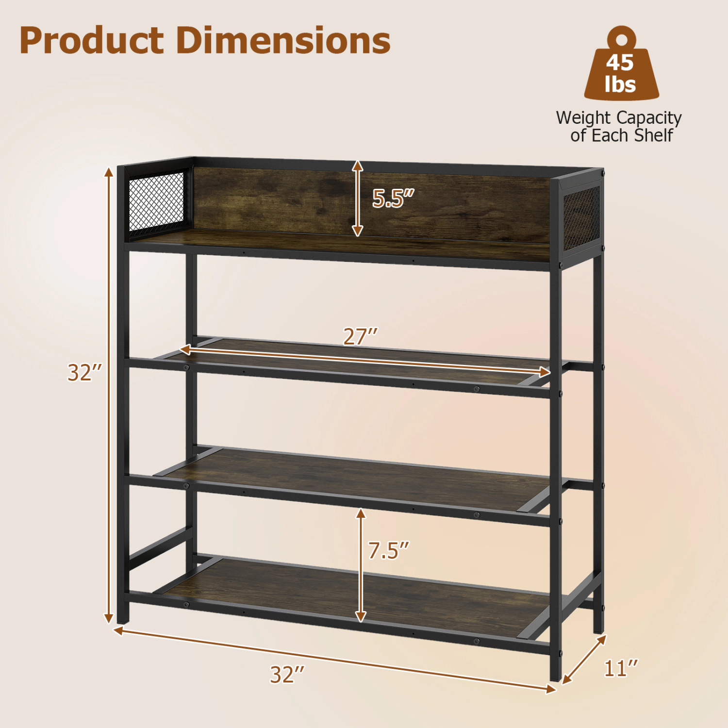 Glintex 4-Tier Industrial Shoe Rack with Metal Frame and Anti-Fall Guardrails, Rustic Brown