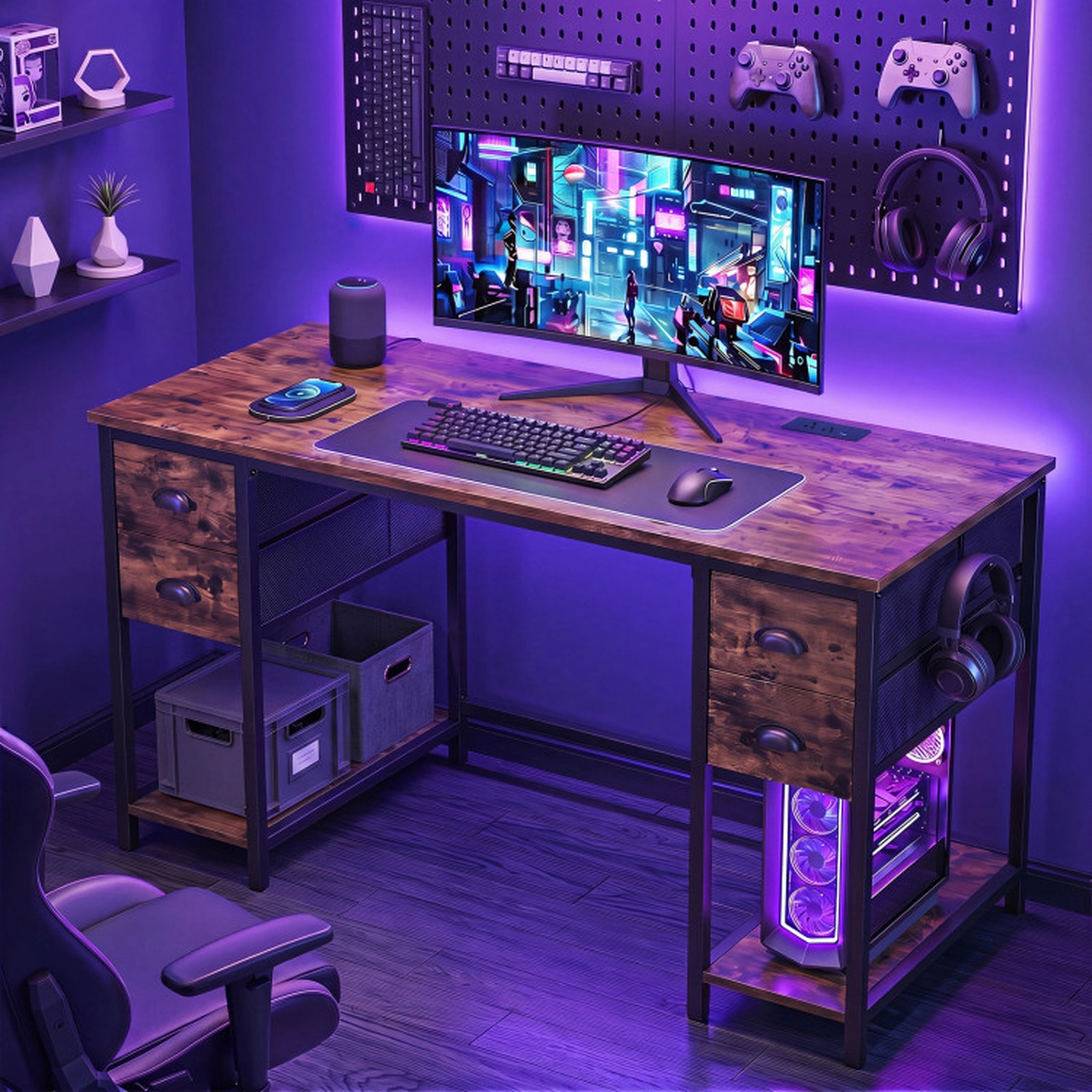 SUGIFT 48-in Computer Desk with Power Outlet 110-lb Tabletop Capacity with 4 Fabric Drawers Rustic Brown & Black