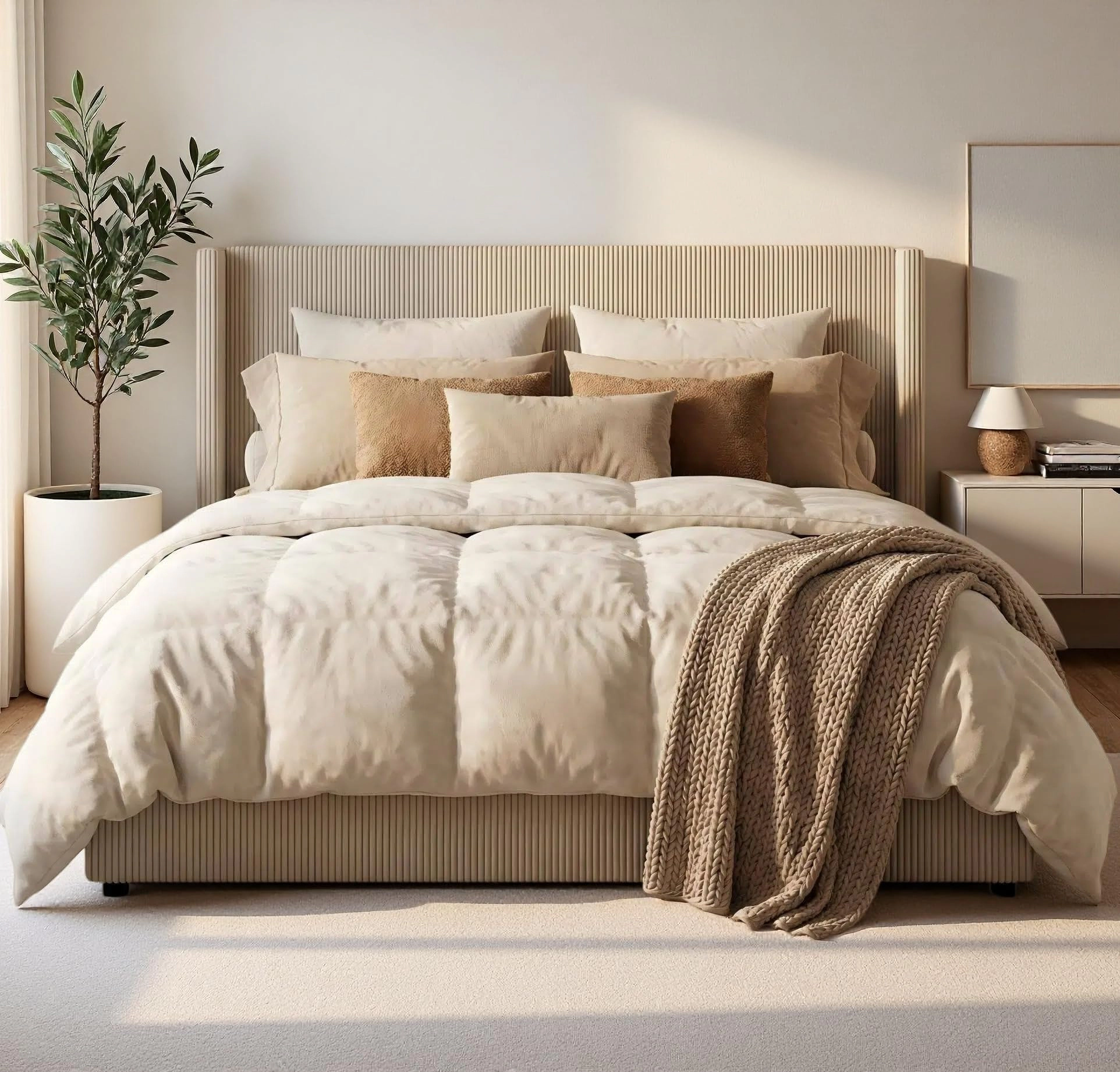 BebreezChic Corduroy Upholstered Bed Frame with Wingback Headboard & 4 Storage Drawers, No Box Spring