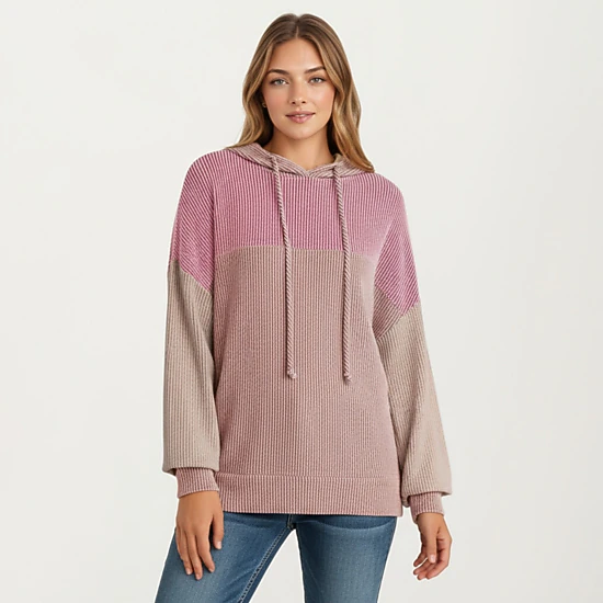 Anna-Kaci Women's Colorblock Drawstring Relaxed Fit Long Sleeve Knit Hoodie