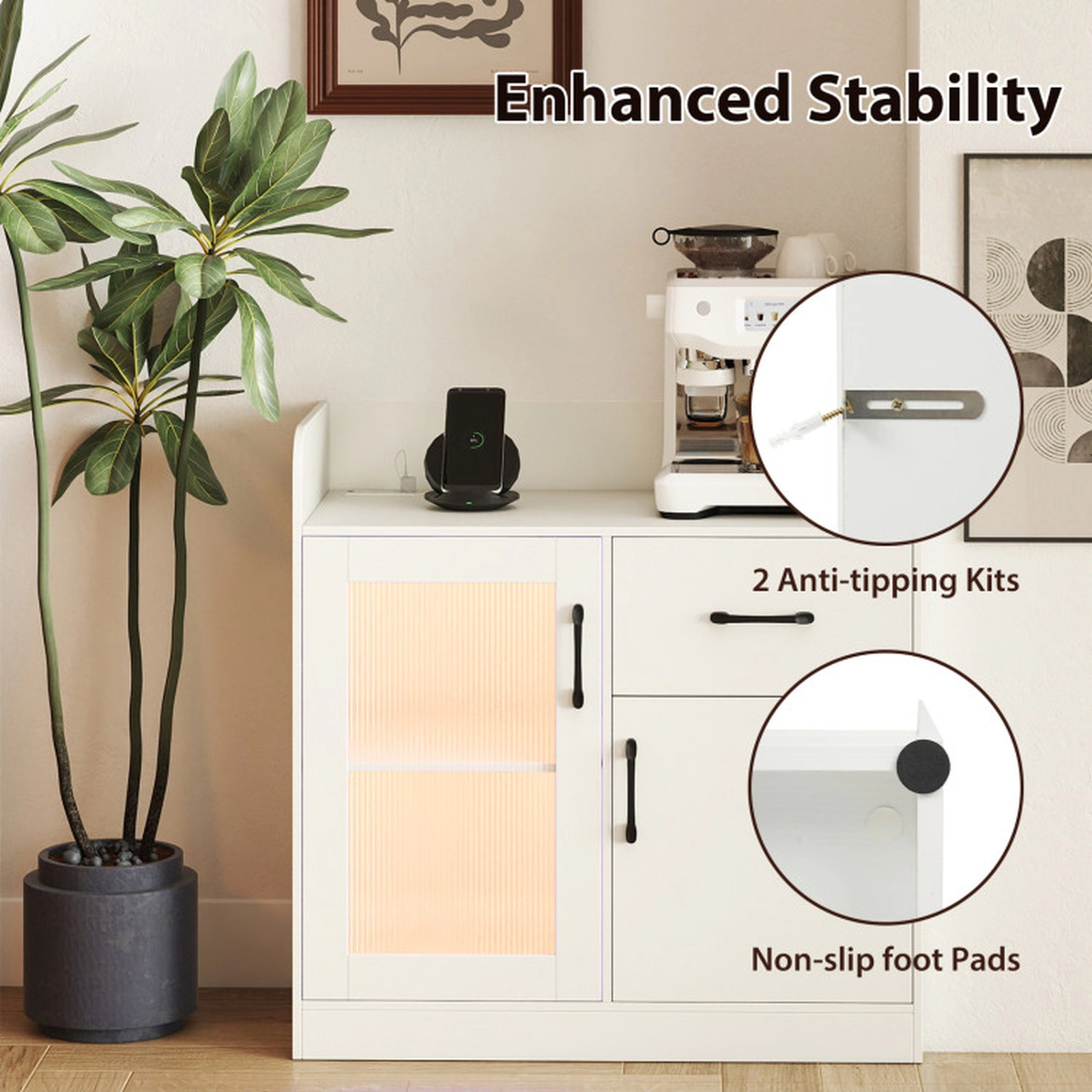 SUGIFT 31.5-in 110-lb Top White LED Buffet Sideboard with Charging Station Drawer and Translucent Fluted Door