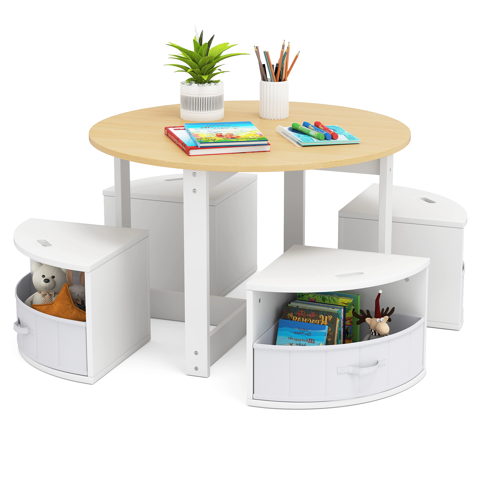 SUGIFT 5-Piece Toddler Round Nesting Activity Table Set with 4 Storage Stools 110-lb Tabletop 3+ Years Natural + White