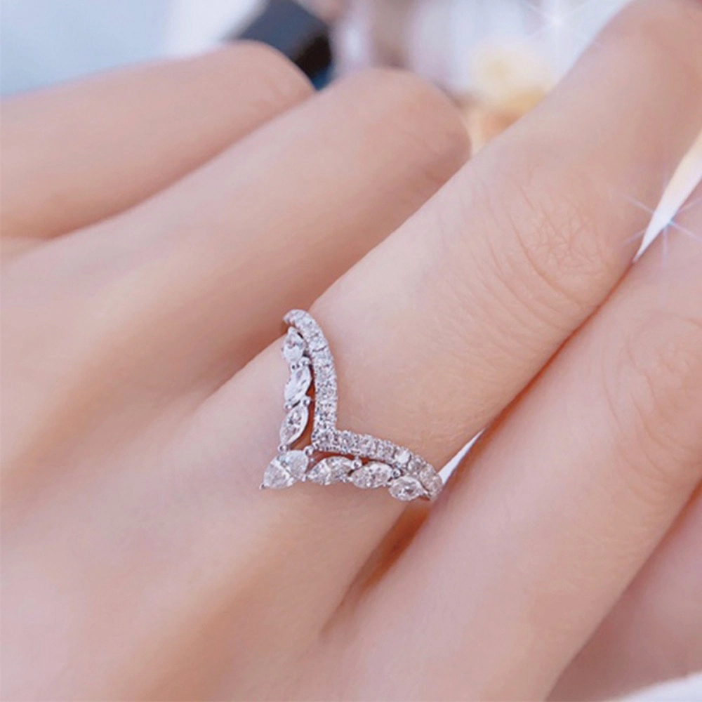 Women's Platinum Plated Fashion Shiny V-Shape Micro-Pave Cubic Zirconia Ring