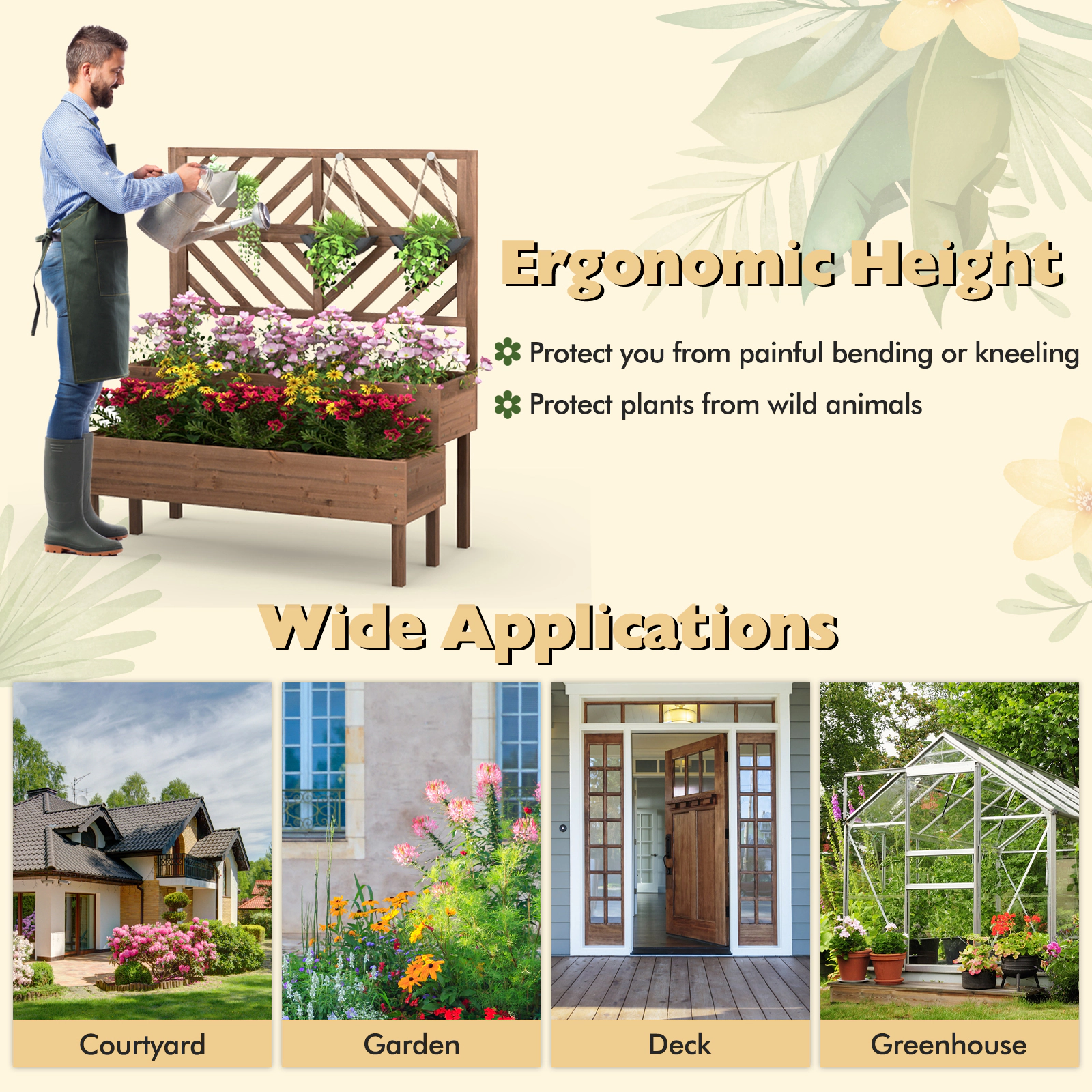 SUGIFT 2-Tier Brown Wood Raised Garden Bed with Climbing Trellis 43-in W 24.5-in D 53-in H 110-lb Per Box