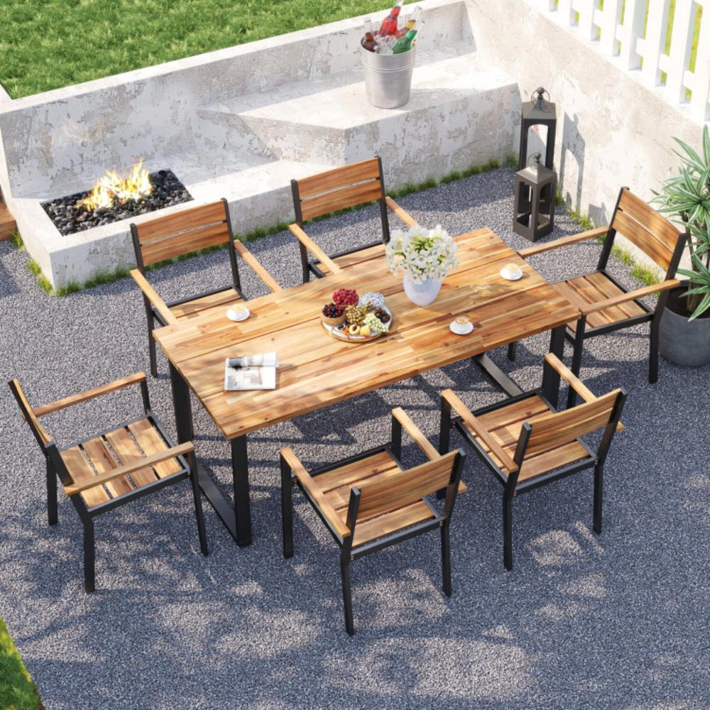 Hivvago 7 Pieces Acacia Wood Patio Dining Set With Metal Frame And 2 Inches Umbrella Hole