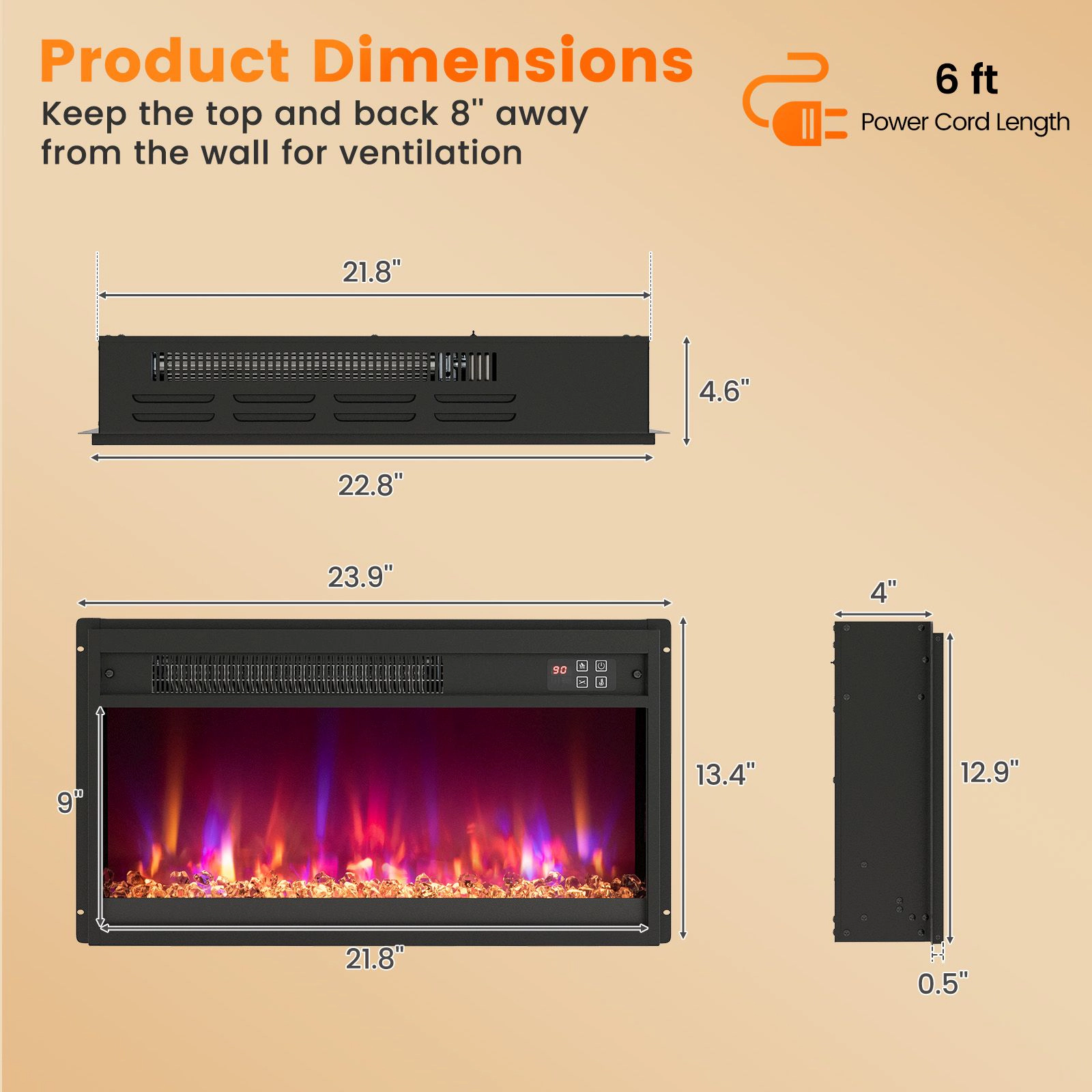 SlickBlue Modern Recessed Electric Fireplace Heater with Adjustable Flame Effects