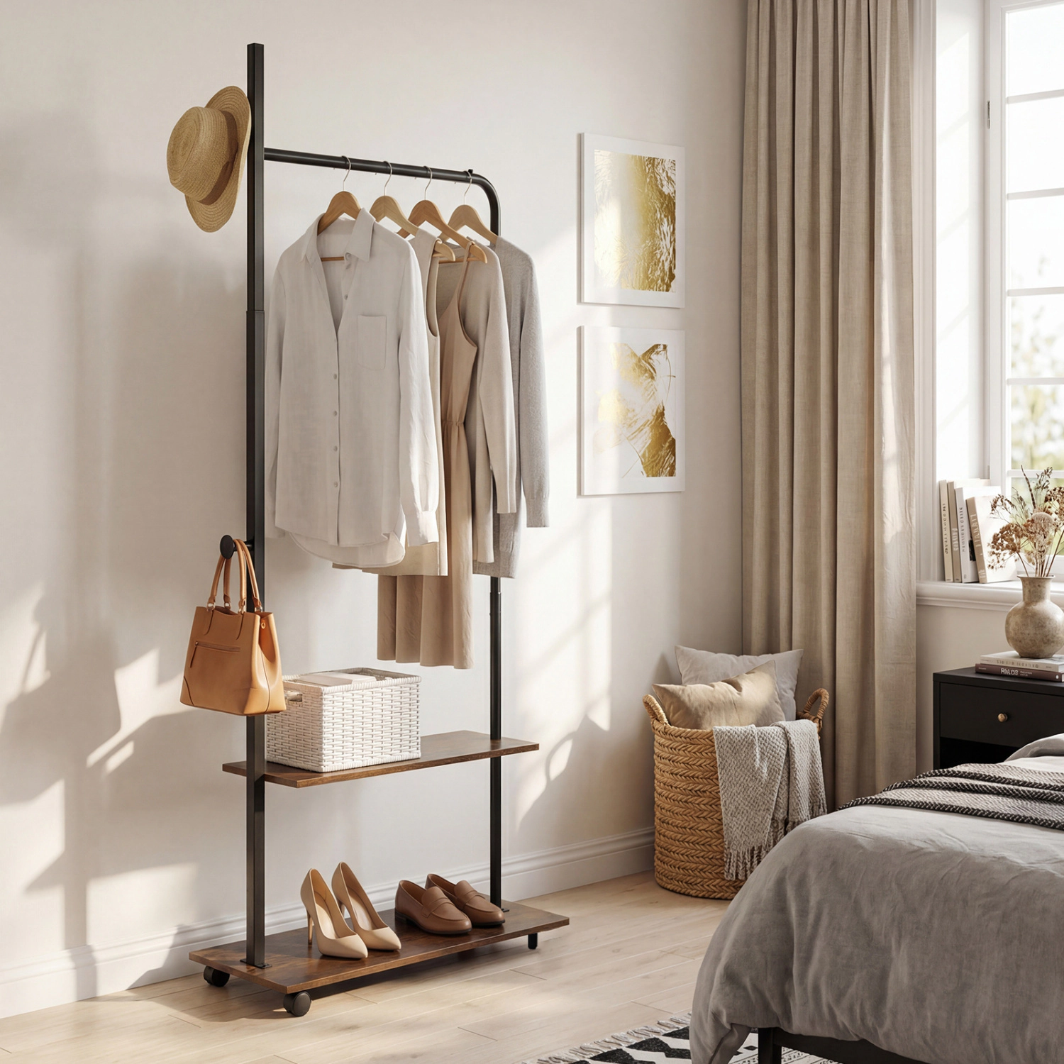 SUGIFT Clothing Rack with Hanging Rod, Side Hooks and Storage Shelves 120-lb Capacity with Wheels Rustic Brown+