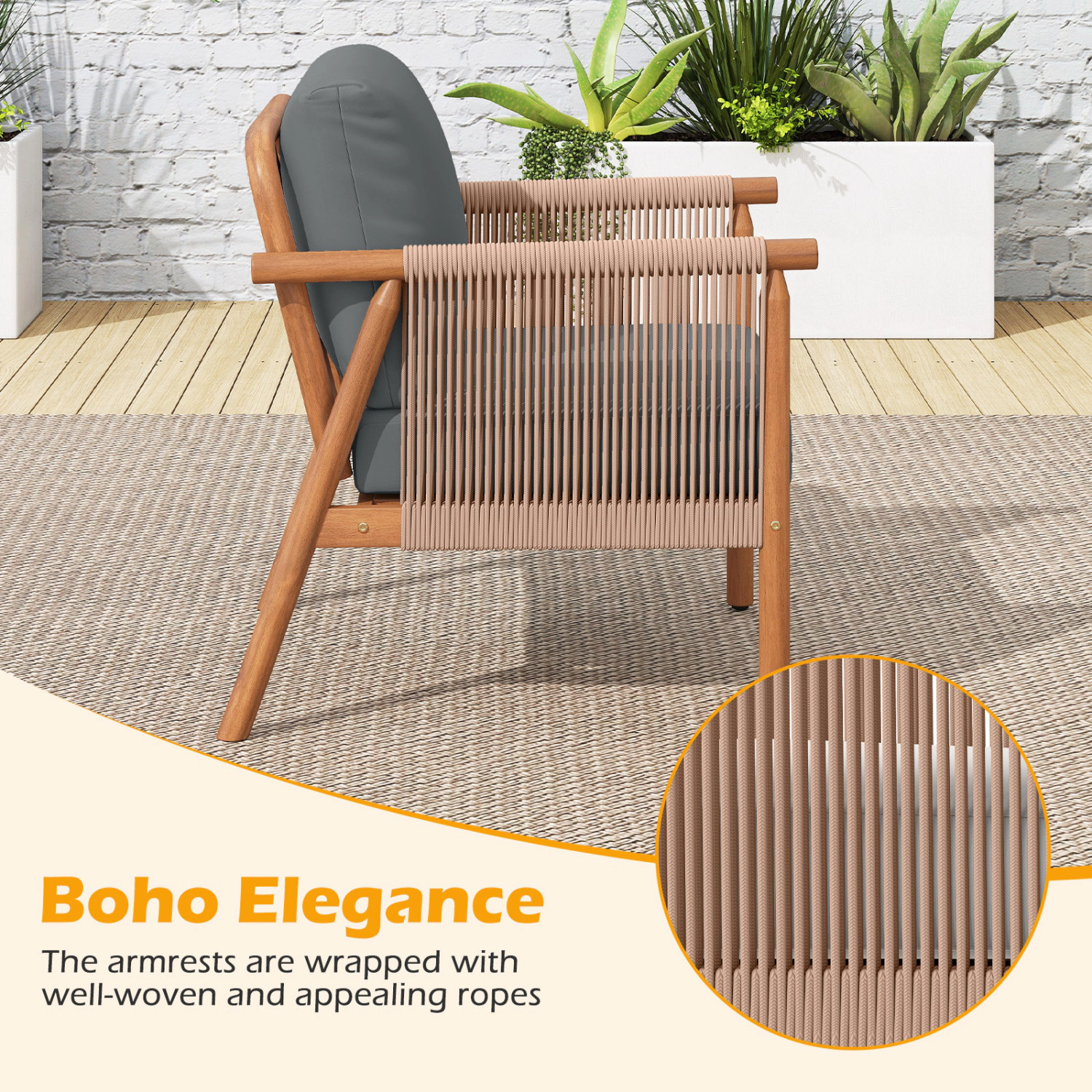 LJG Patio Acacia Wood Chair Set of with Woven Rope Armrests and Seat Back Cushions for Backyard