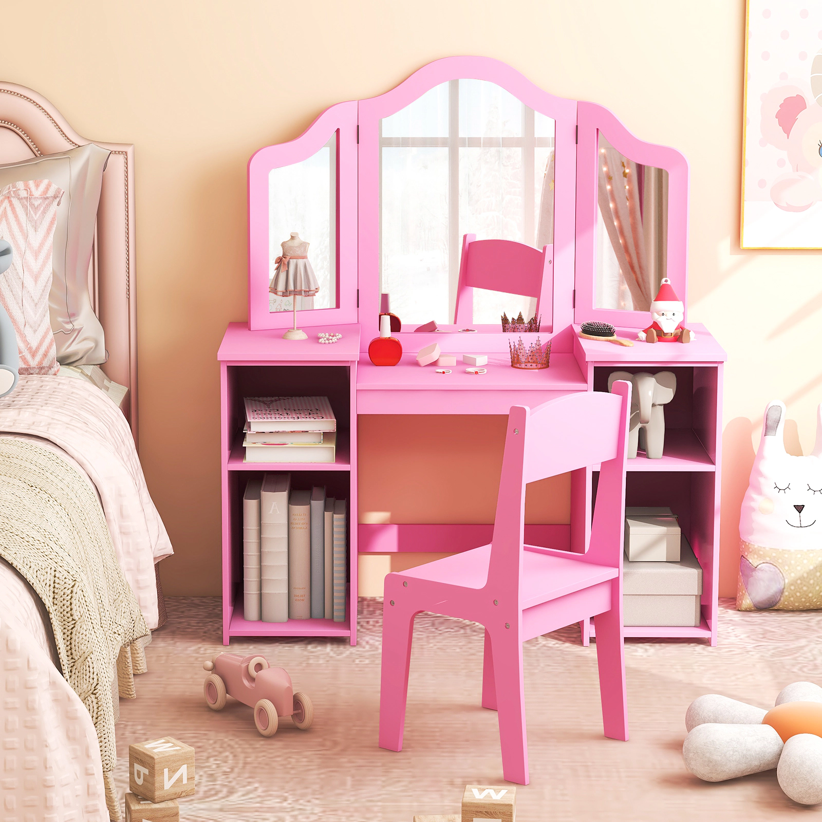 SUGIFT Removable Tri-Folding Mirror and 4 Cubbies Kids Vanity Table Chair Set