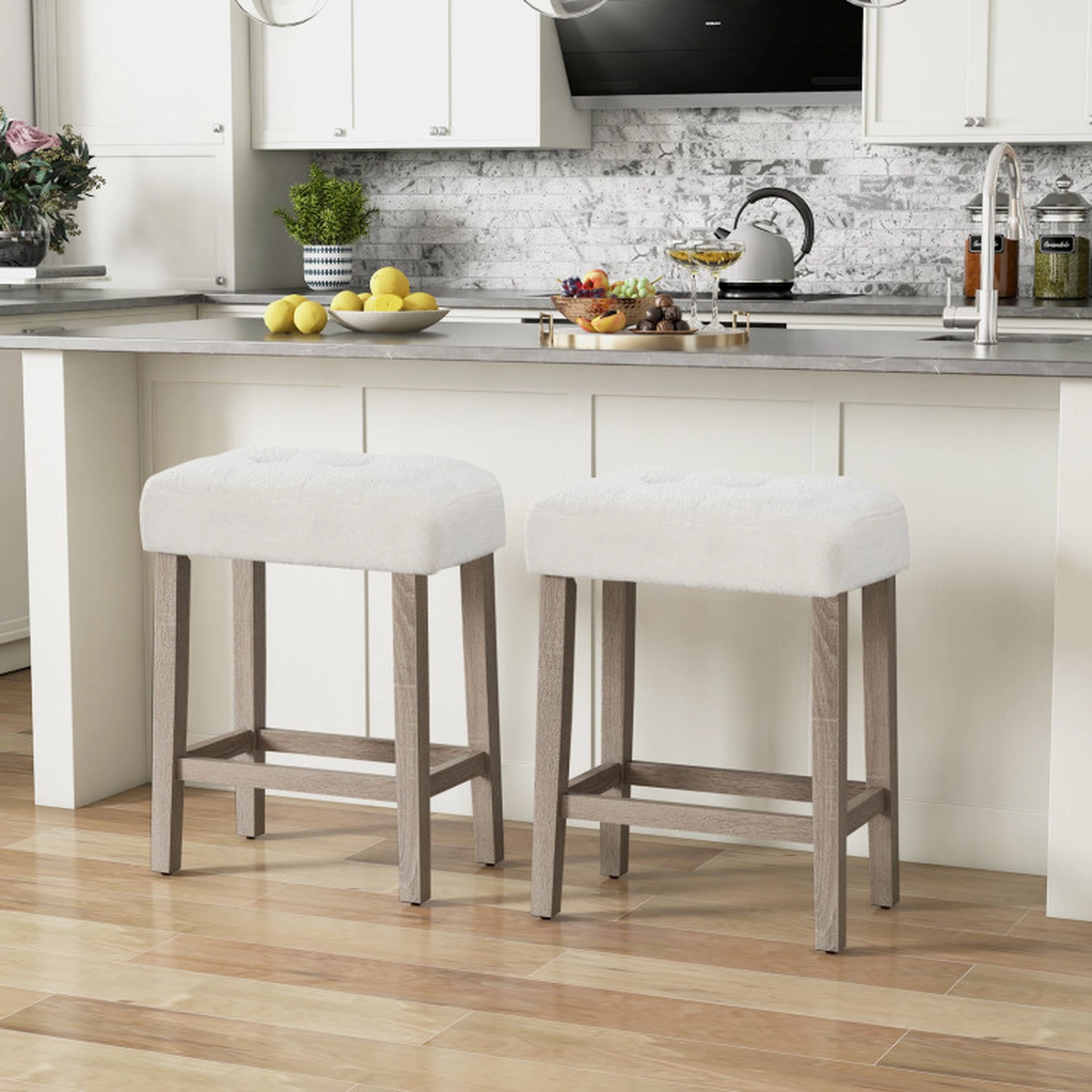 SUGIFT Modern Counter Height Bar Stools Set of 2 with Rubber Wood Legs 18-in High Seat 350-lb Capacity White and Gray