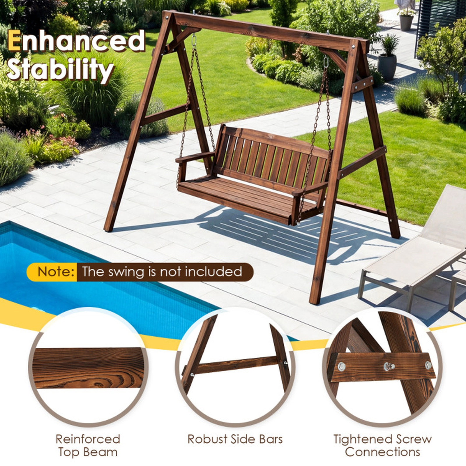 SUGIFT Heavy-Duty Fir Wood A-Frame Swing Stand with Reinforced Bars 880-lb Capacity with 2 Hanging Rings Brown