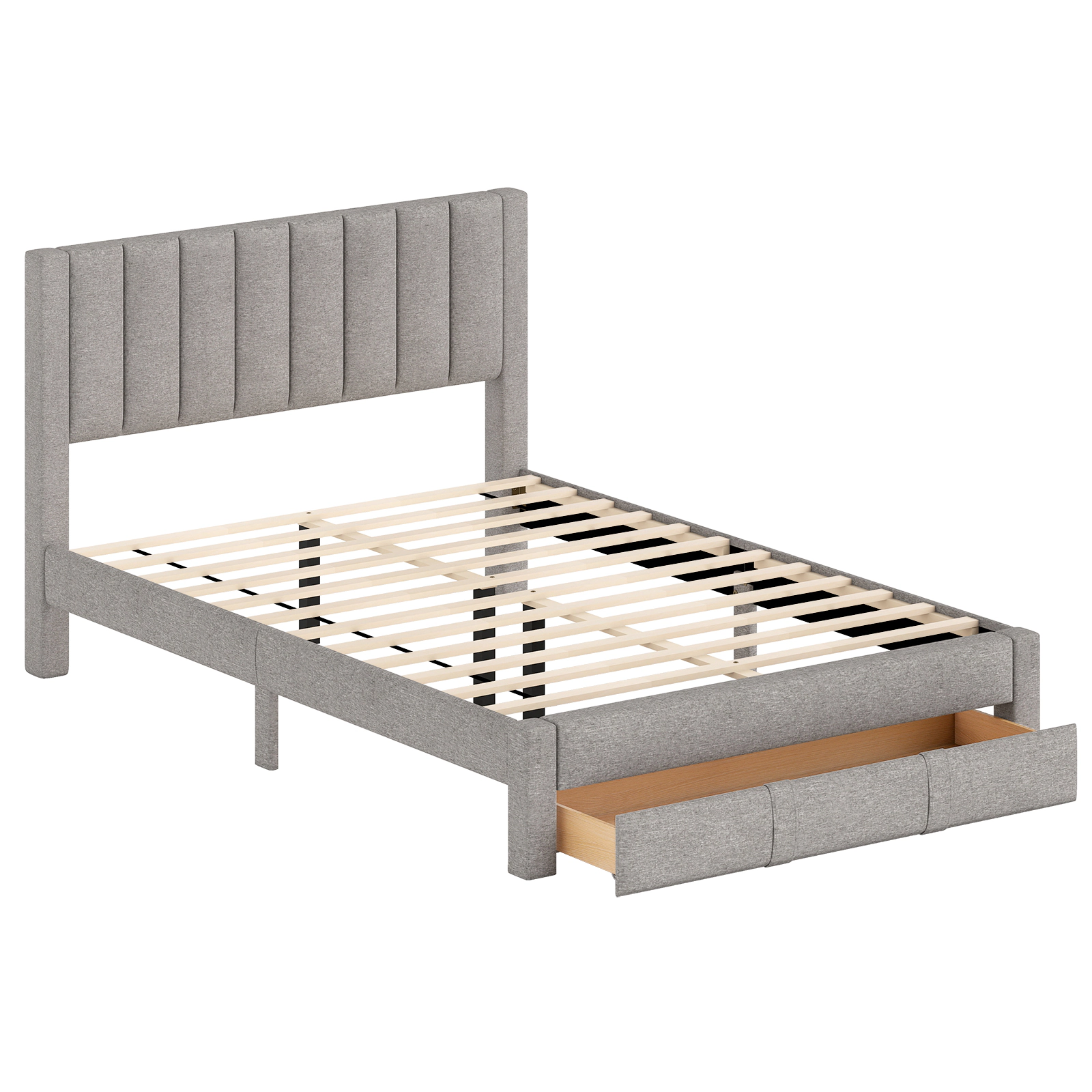 SUGIFT Upholstered Queen Bed Frame with Storage Drawer and Vertical Channel Headboard 800-lb Capacity Beige