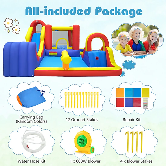 SUGIFT 7-in-1 Kids Water Slide Bounce House with Surfing Run-Out Splash ...