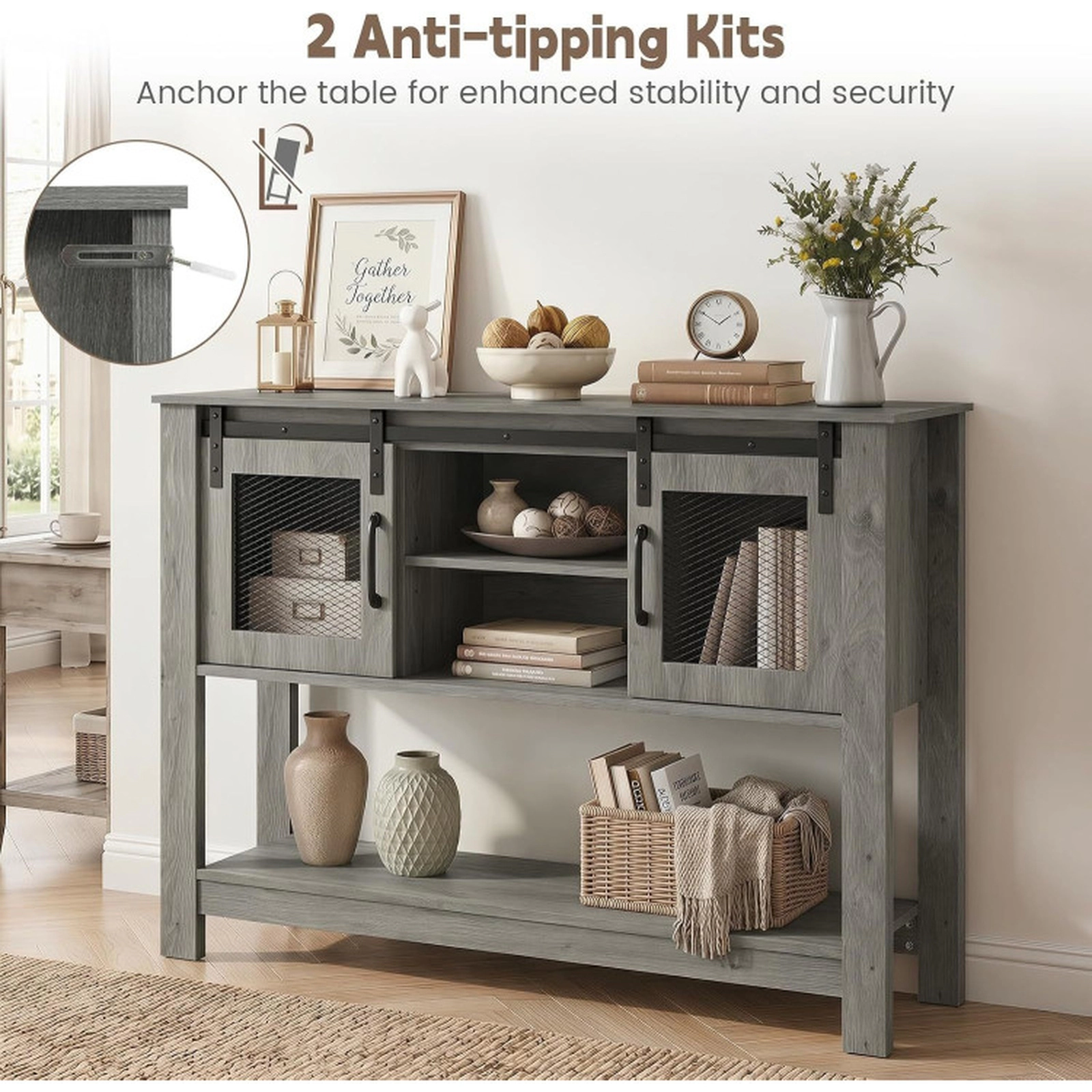 SUGIFT 40-in 150-lb Capacity Gray Console Table with 2 Sliding Barn Doors Mesh Accents and Adjustable Shelf