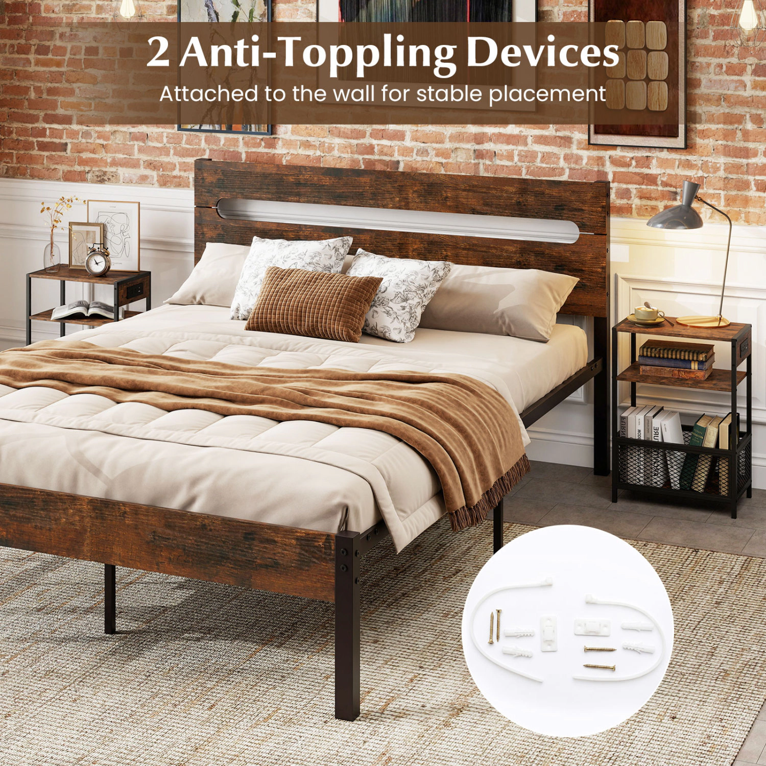 Glintex 3-Tier Industrial Side Table with Charging Ports and Anti-Falling Mesh, Rustic Brown