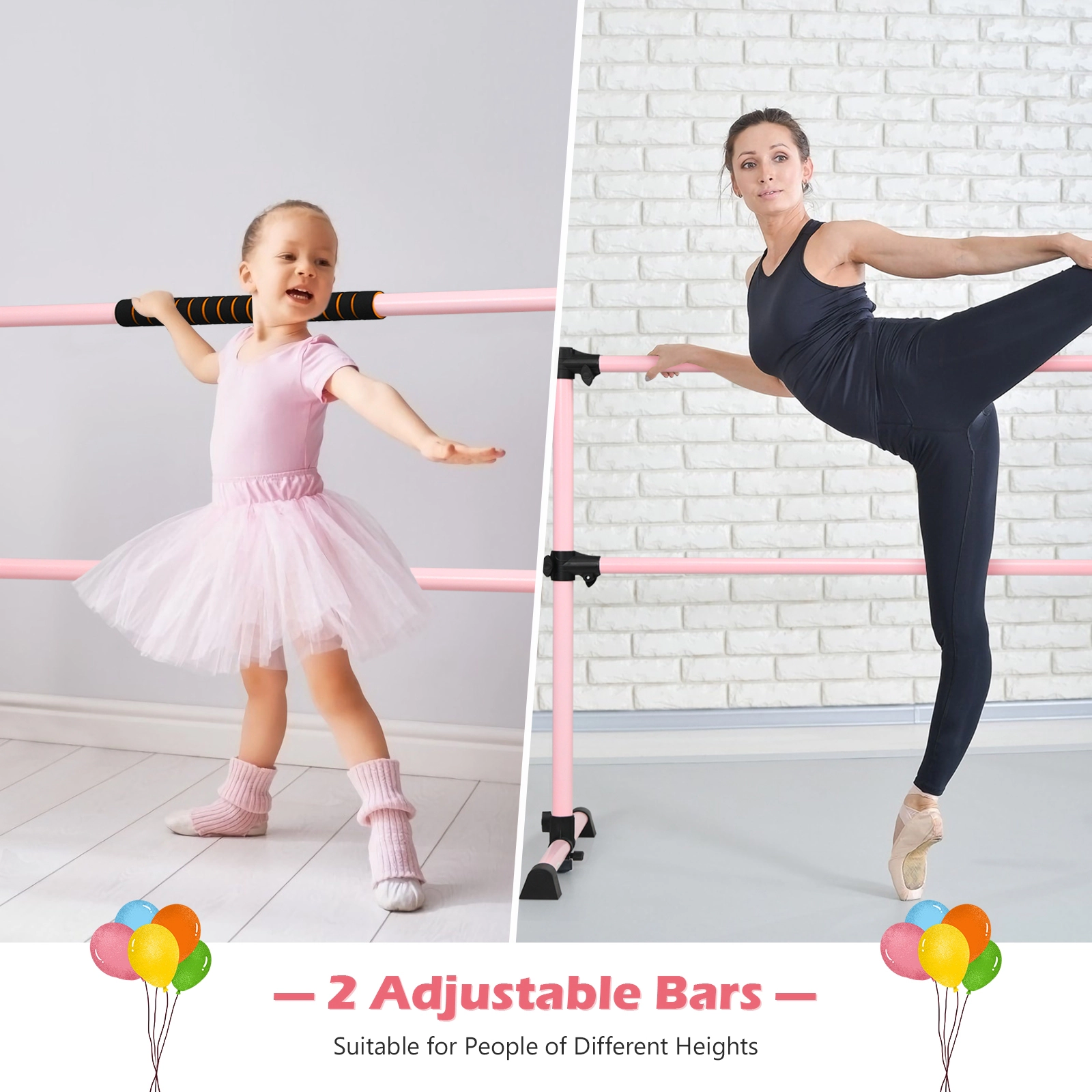 SUGIFT Pink 4-ft Portable Double Ballet Barre with Adjustable Height 49-in W 28-in D 47-in H 220-lb User Capacity