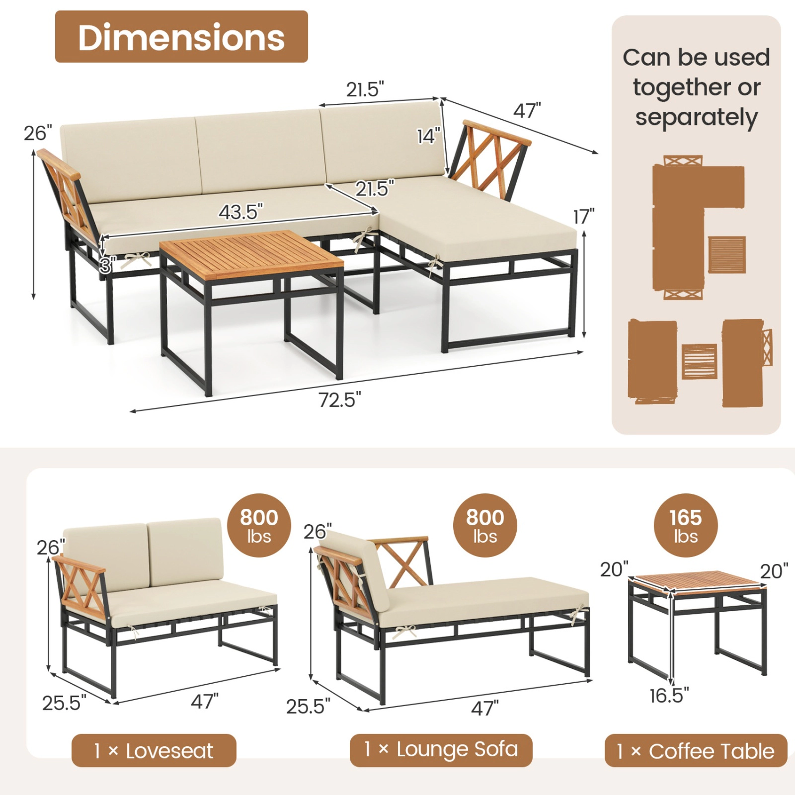 SUGIFT 3-Piece Beige Acacia Wood L-Shaped Patio Sectional Set with Cushions