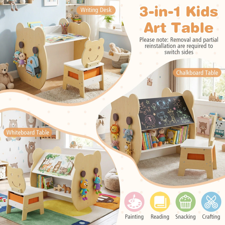 Hivvago 3-In-1 Kids Art Table And Chair With Storage And Reversible Whiteboard Chalkboard For Ages 3-10 Years Old