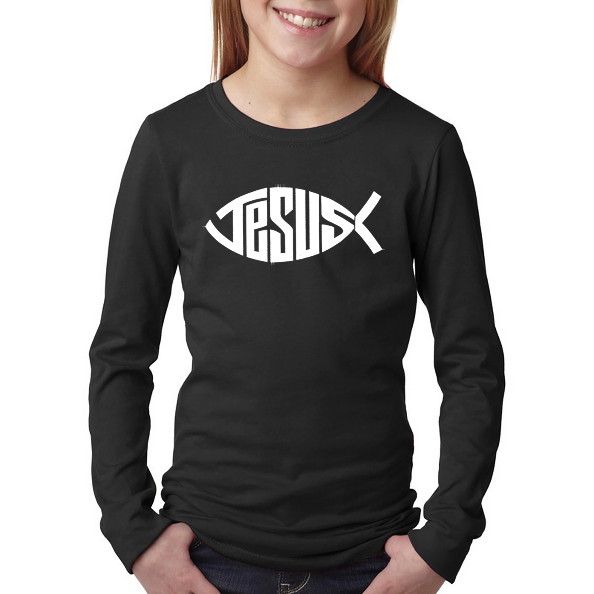 LA Pop Art Girls Long Sleeve Word T-Shirt - Christian Jesus Name Fish Symbol