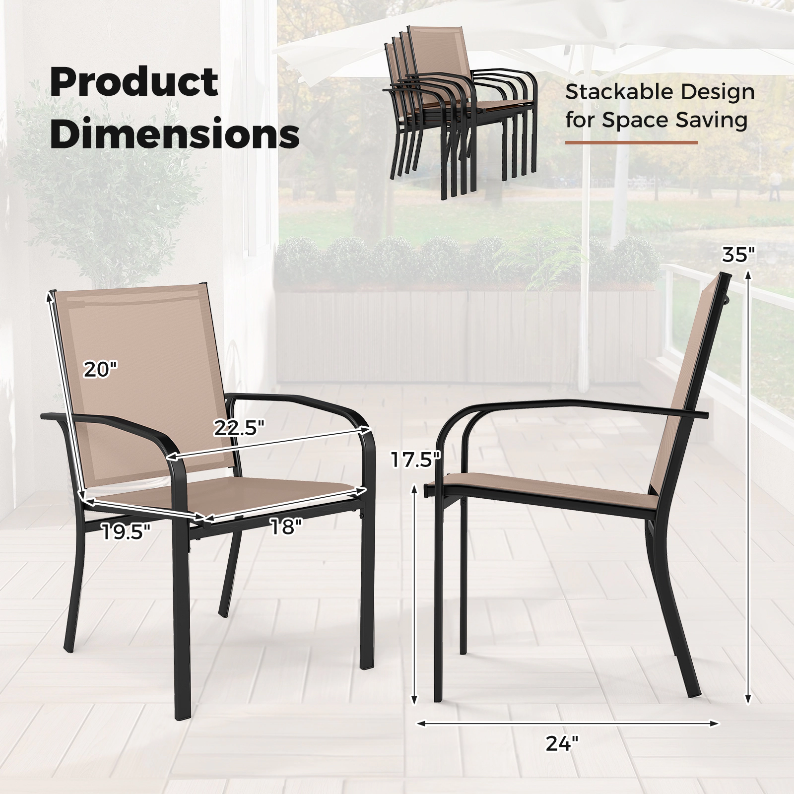 SUGIFT High Back Stackable Metal Outdoor Dining Chairs Set of 2 330-lb Capacity Light Brown
