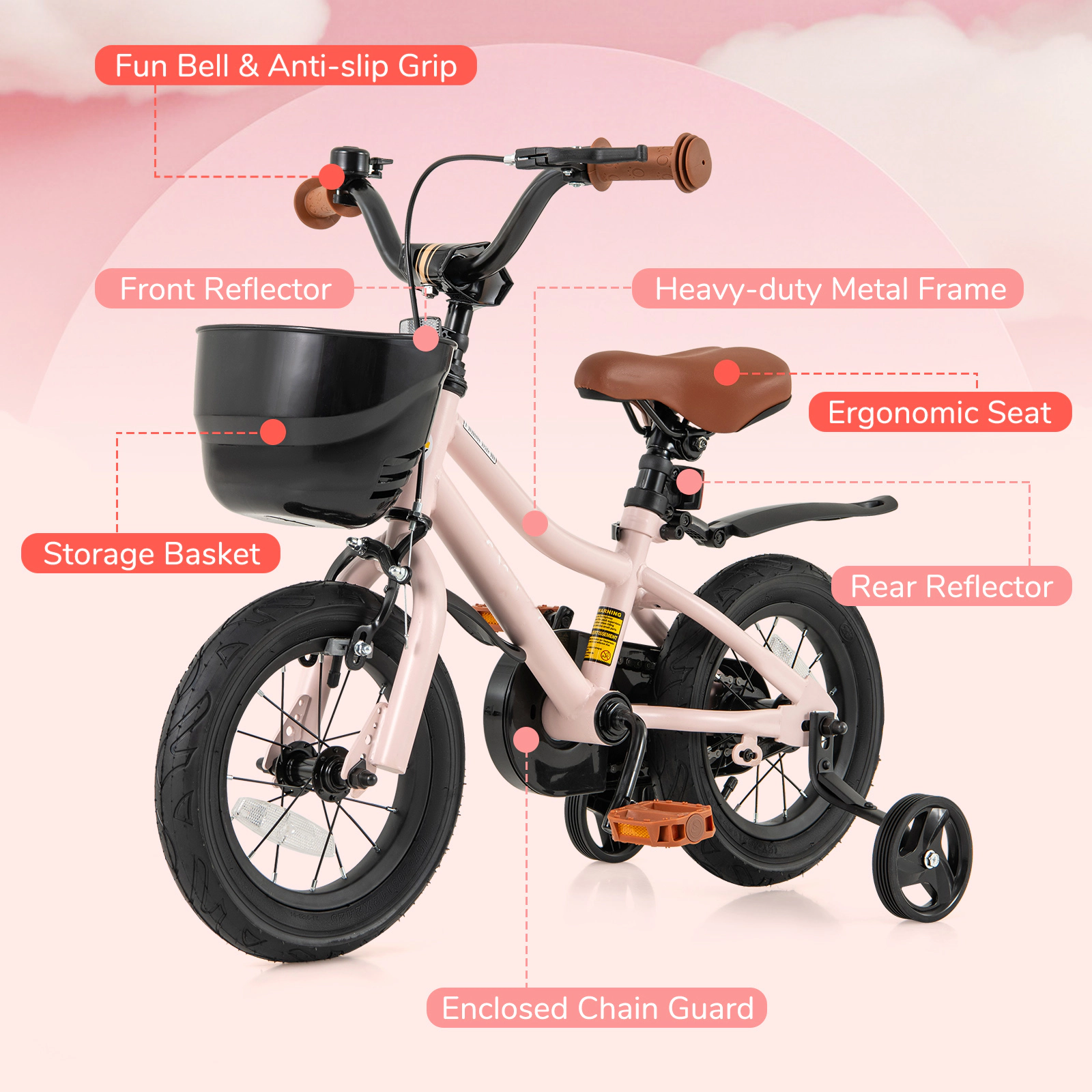 SUGIFT Pink Removable Training Wheels and Front Storage Basket Kids Bike