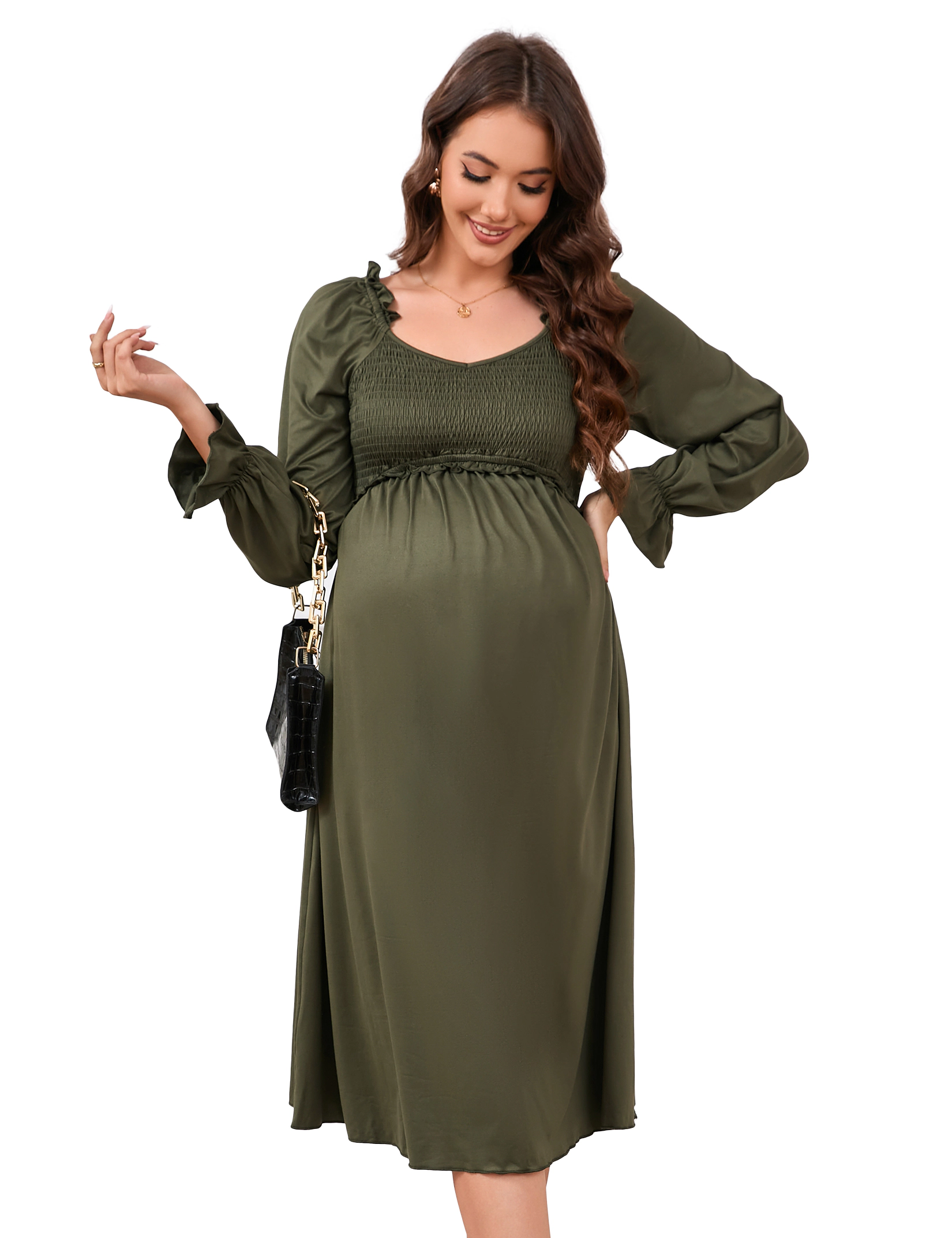 KOJOOIN Maternity Smocked Maxi Dress for Women V-Neck Long Sleeve Flowy
