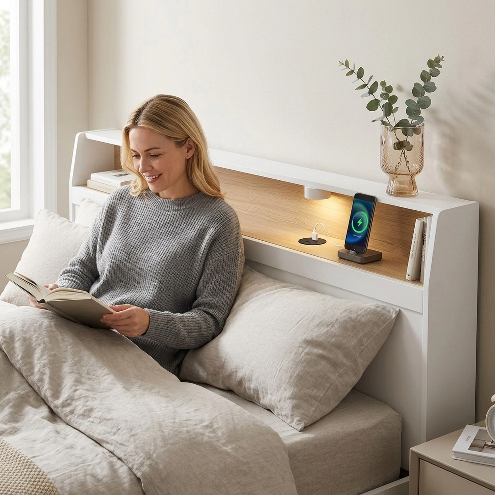 SUGIFT Full-Size Platform Bed Frame with Storage Cubes, LED Lights, USB Ports, White