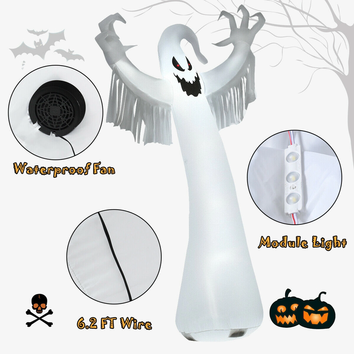 LJG 12 Feet Halloween Inflatable Spooky Ghost with Blower and LED Lights
