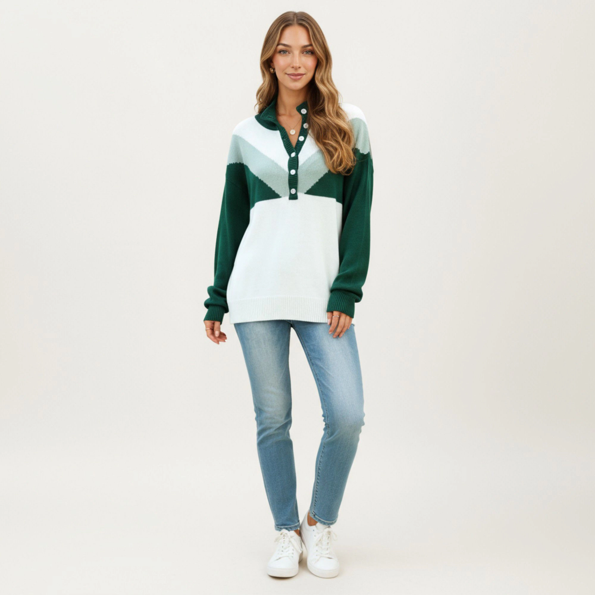 Anna-Kaci Women's Color Block Long Sleeve Knit Sweater with Button Collar and Ribbed Hem