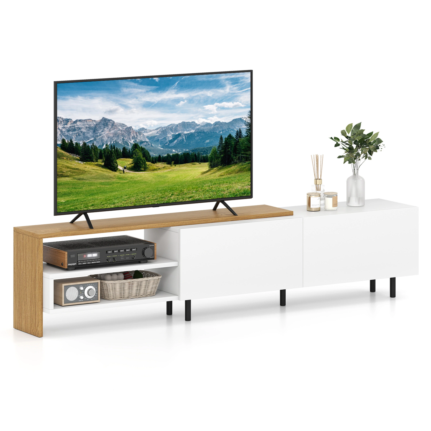 Glintex 71.5-Inch TV Stand with 2 Cabinets and 2-Tier Open Shelving, White & Natural