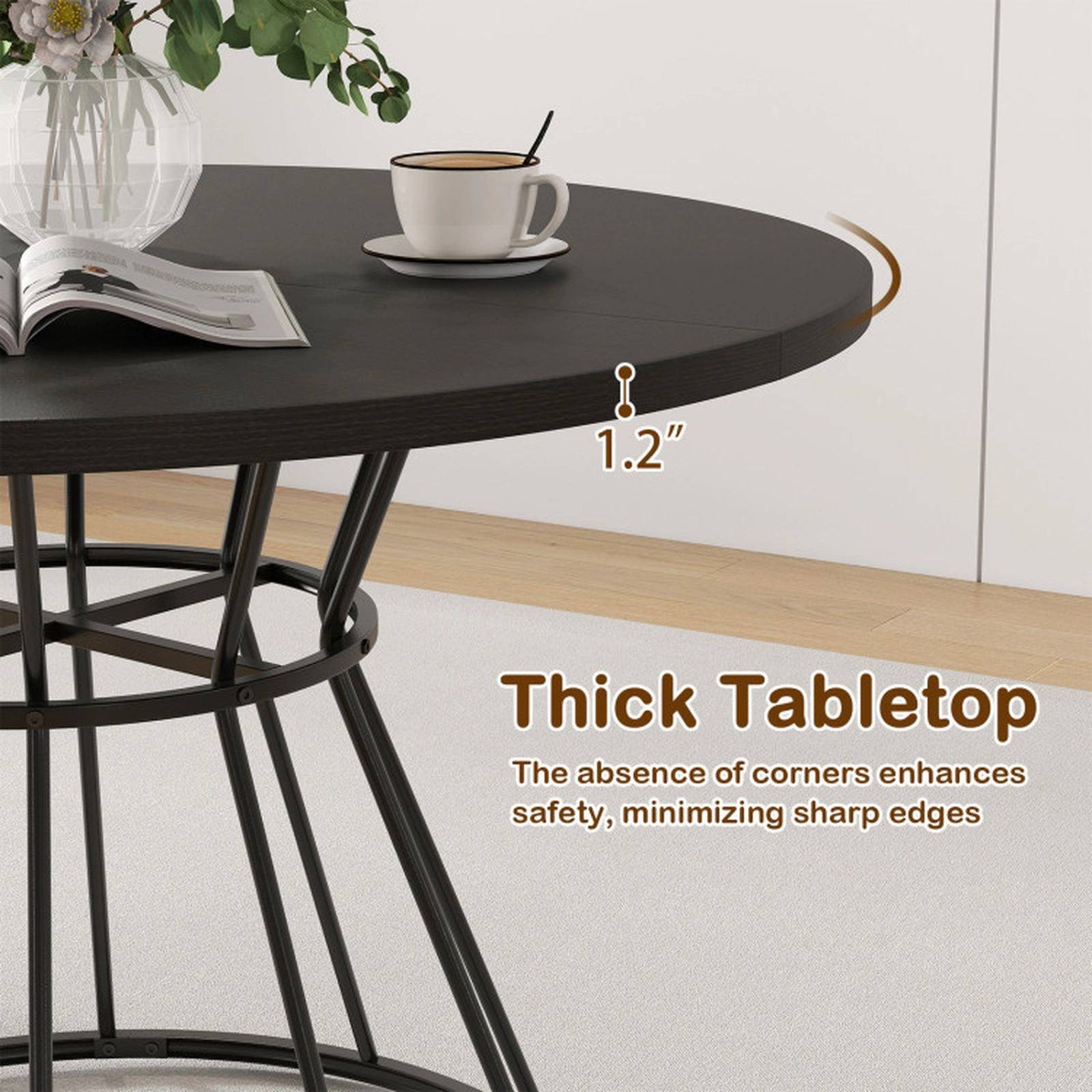 SUGIFT 47-in Round Farmhouse Dining Table for 4 with MDF Tabletop and Metal Frame 200-Lb Capacity Black