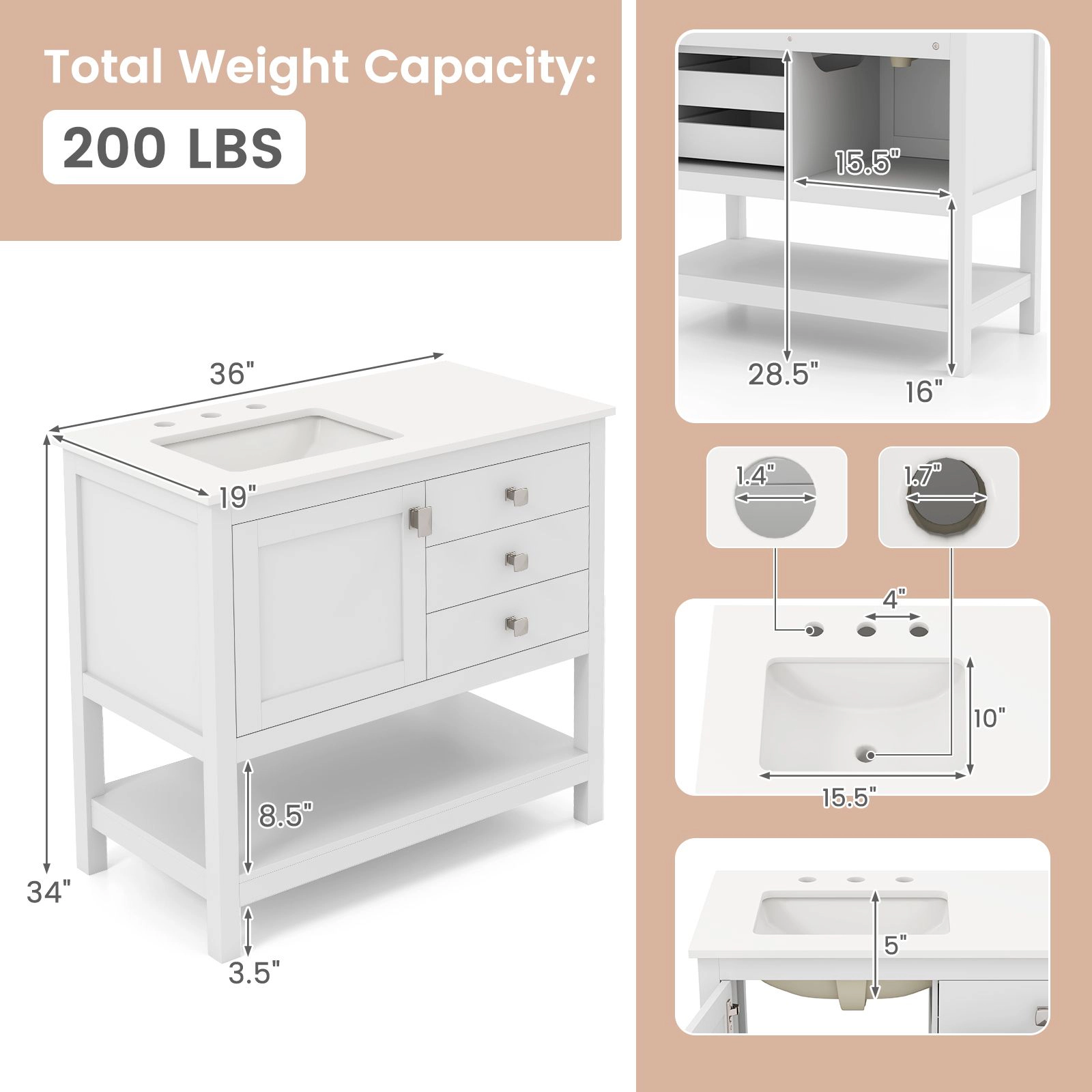 Slickblue 36 Inch Bathroom Vanity Set with Ceramic Sink