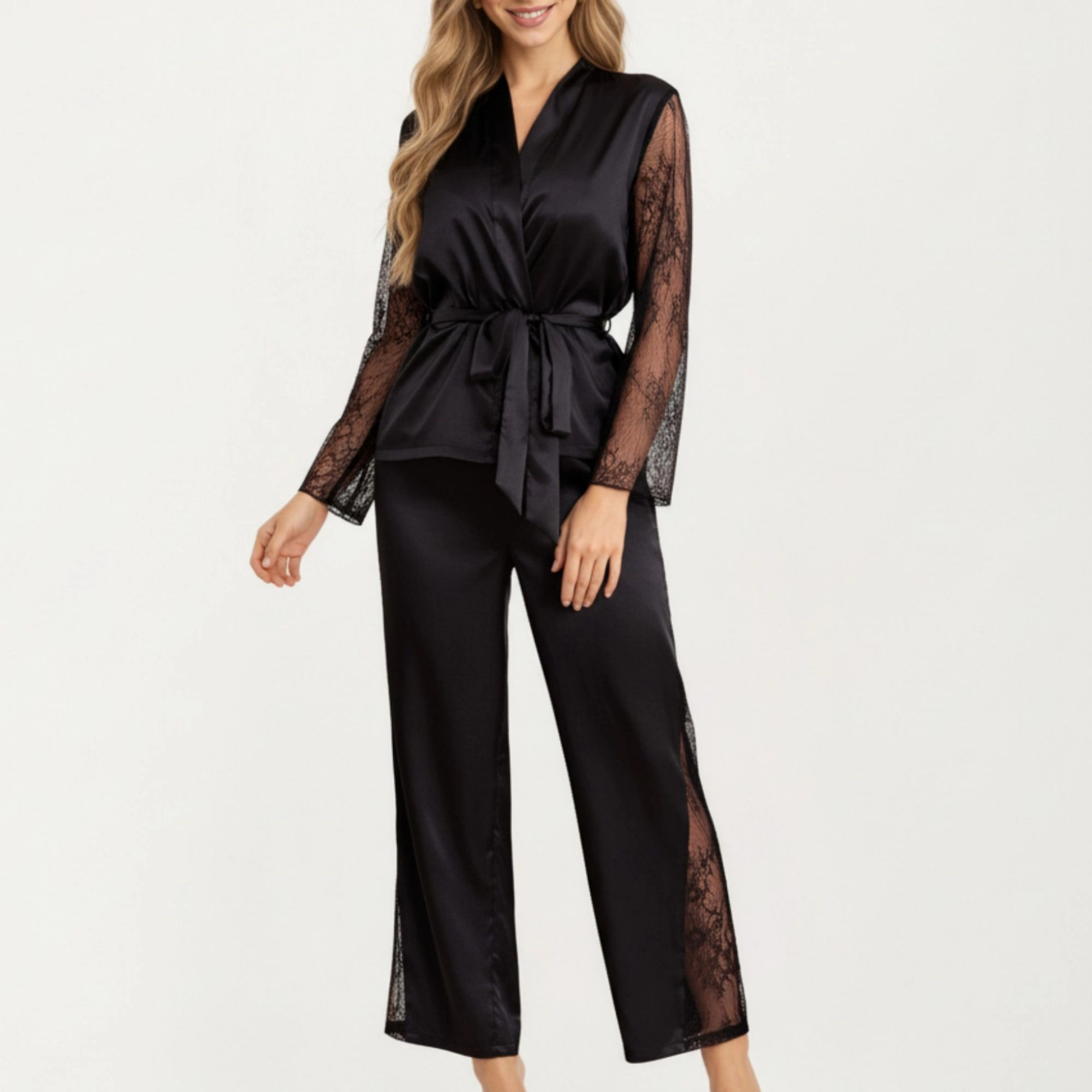 Anna-Kaci Women's Satin Pajama Set with Lace Sleeve Detail and Matching Tie-Waist Top Straight Leg Pants