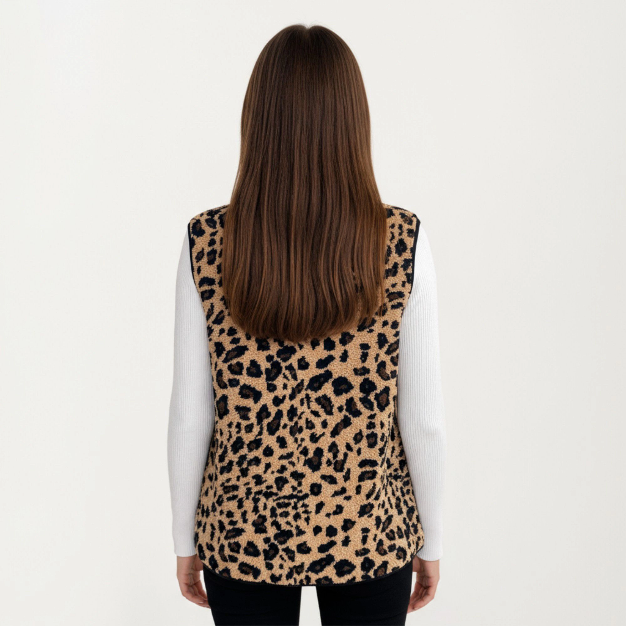 Anna-Kaci Women's Leopard Print Open Front Vest with Contrast Trim and Pockets